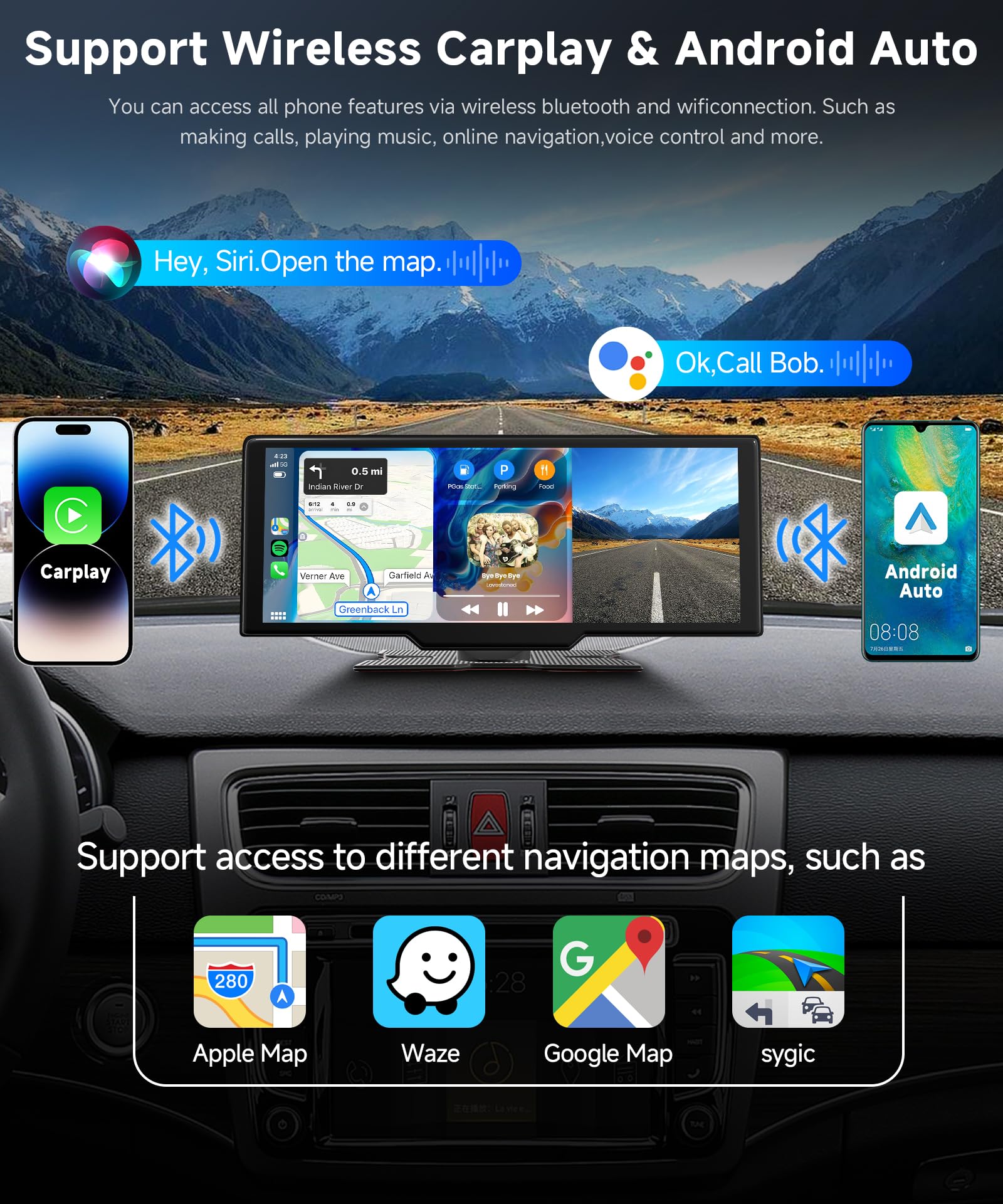 Podofo Draadloze Apple Carplay Android Auto Autoradio met Dashcam,9.3 Inch Touchscreen Carplay Display Autoradio Ontvanger met Bluetooth,FM-Zender,Link spiegel voor 7-12v