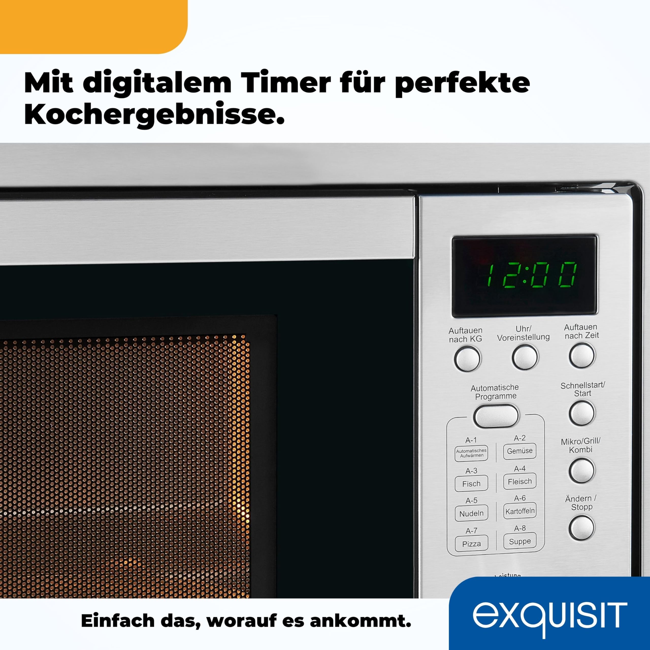 Exquisit Einbaumikrowelle mit Grill, 20 L, 800 W, Inoxlook | Nischenmaß 56 x 36,2 cm - 8 Autokochprogramme - 1000 W Grill - Timer - 5 Leistungsstufen - Drehteller 24,5 cm