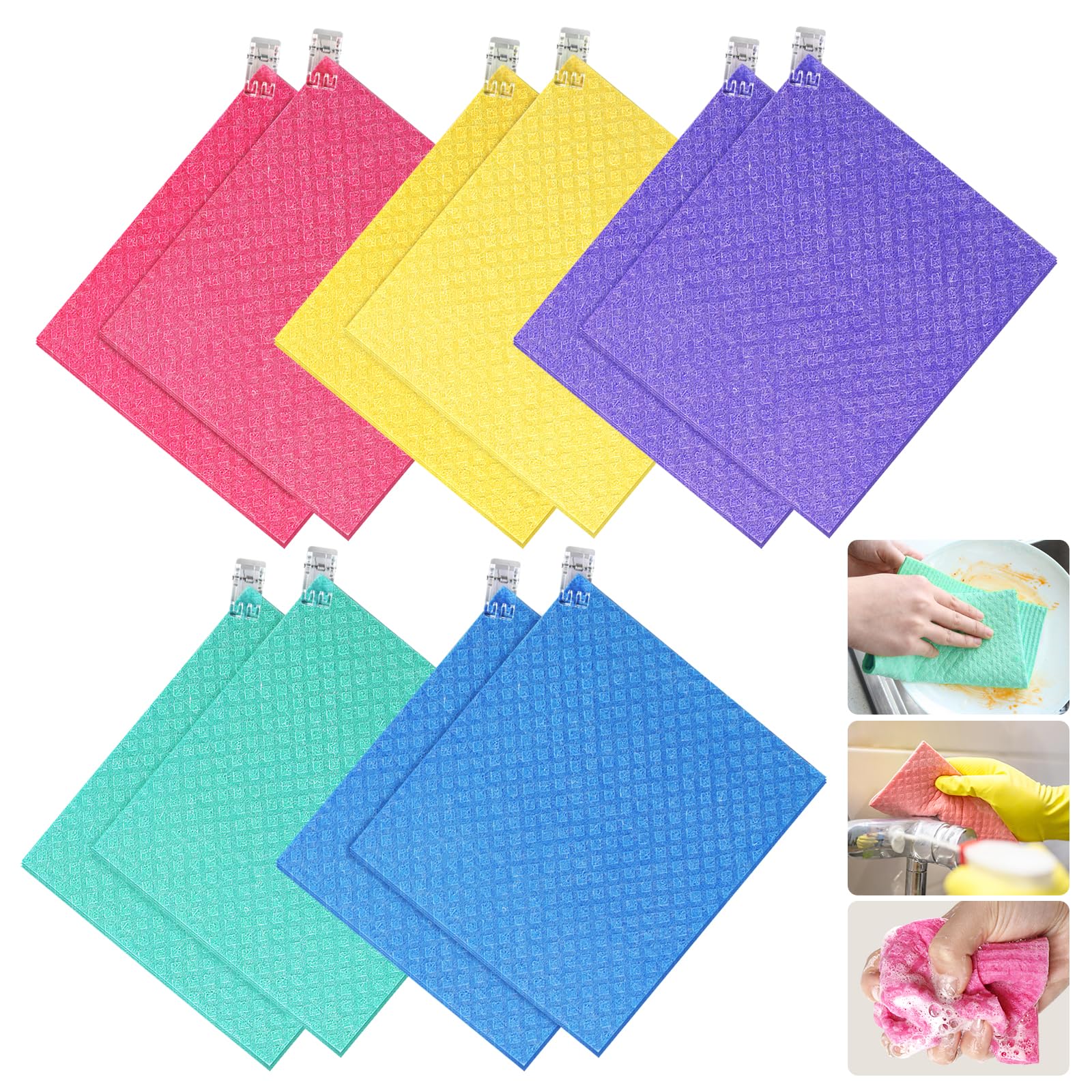 10 Pack Swedish Dishcloths, Reusable Cellulose Sponge Cloths with Adhesive Clips, Swedish Dish Paper Towels No Odor for Cleaning Home Kitchen