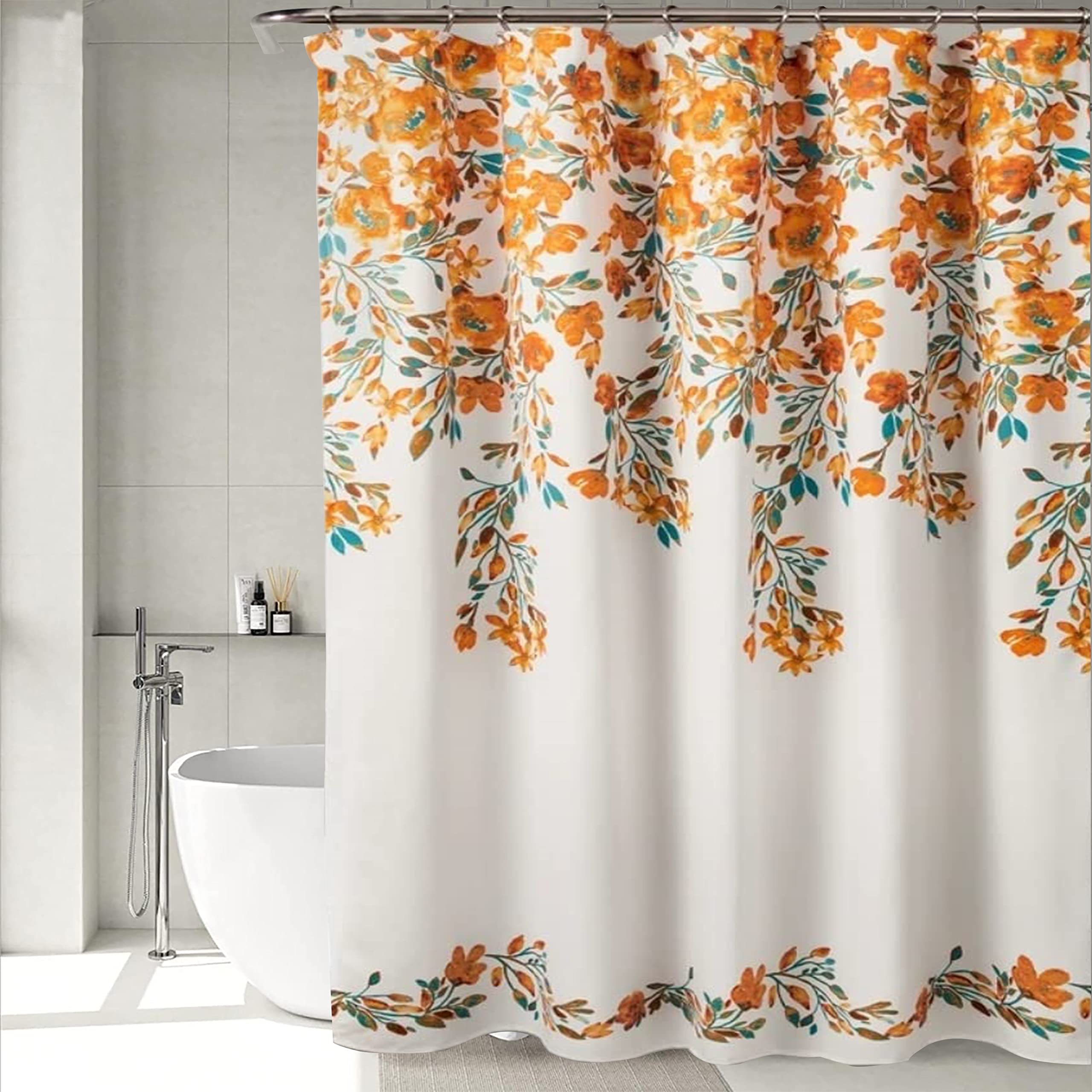 homewards Premium Polyester Orange Floral Design Shower Curtain with 12 Hooks, Standard, 72 x 72 Set of 1, Washable