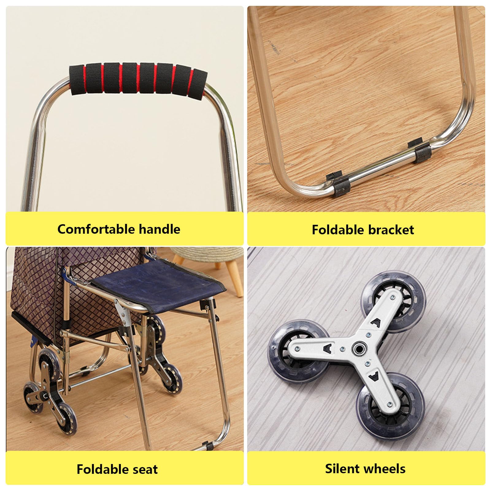 Carrello della Spesa Pieghevole con Sedile Integrato, 6 Ruote per Salire Le Scale, Borsa Portaoggetti Rimovibile, Carretto a Mano Portatile per Spese Quotidiane,Marrone