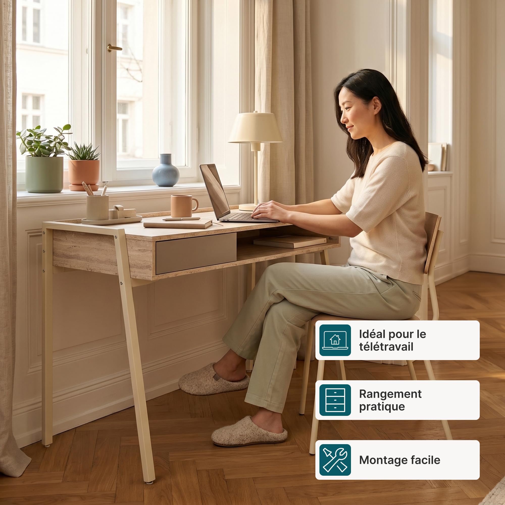 [en.casa] Bureau Boderas 107 x 55 x 78 cm Beige Effet Travertin | compartiment ouvert, tiroir, rebords surélevés, structure robuste, pieds réglables, compact, télétravail, home office
