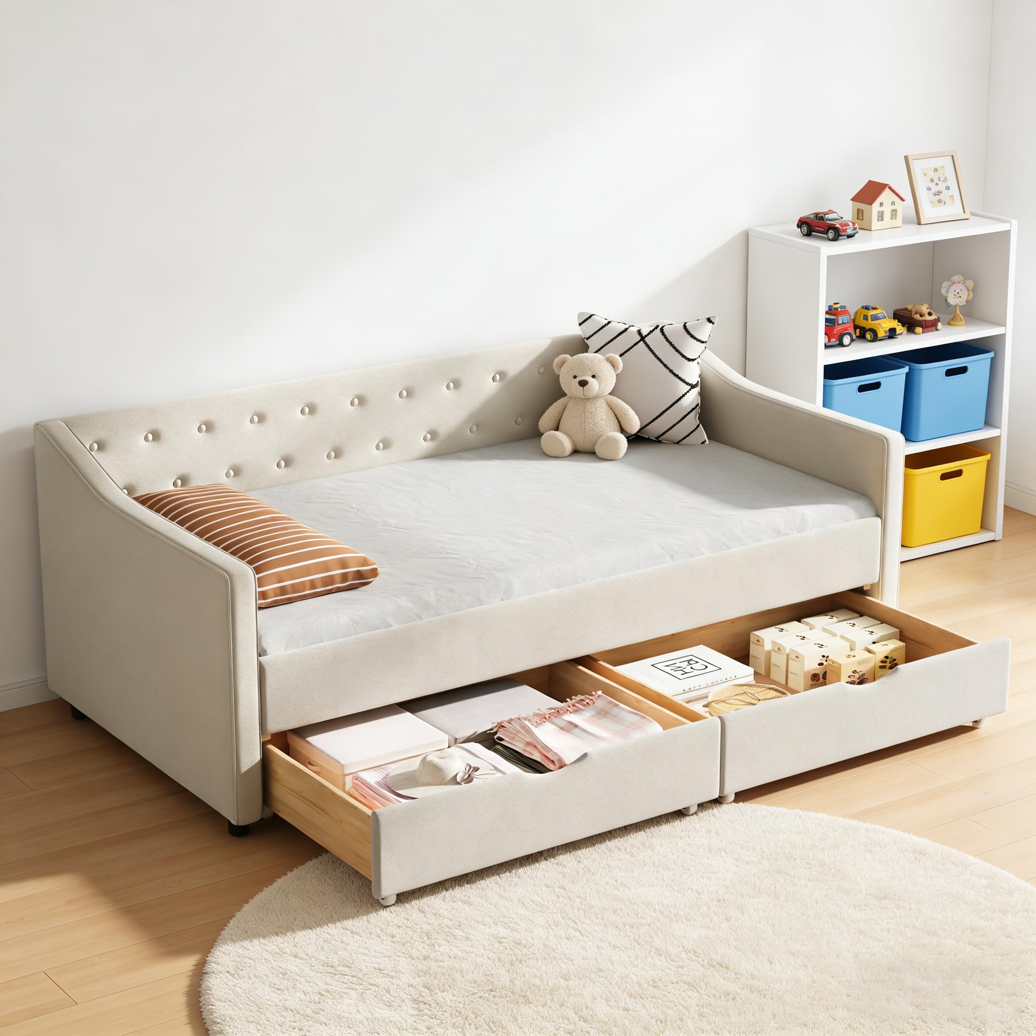 FAVSH Twin Size Daybed with Drawers,Linen Fabric Day beds w/Storage & Button on Back and Piping on Waved Shape Arms,Upholstered Tufted Sofa Bed for