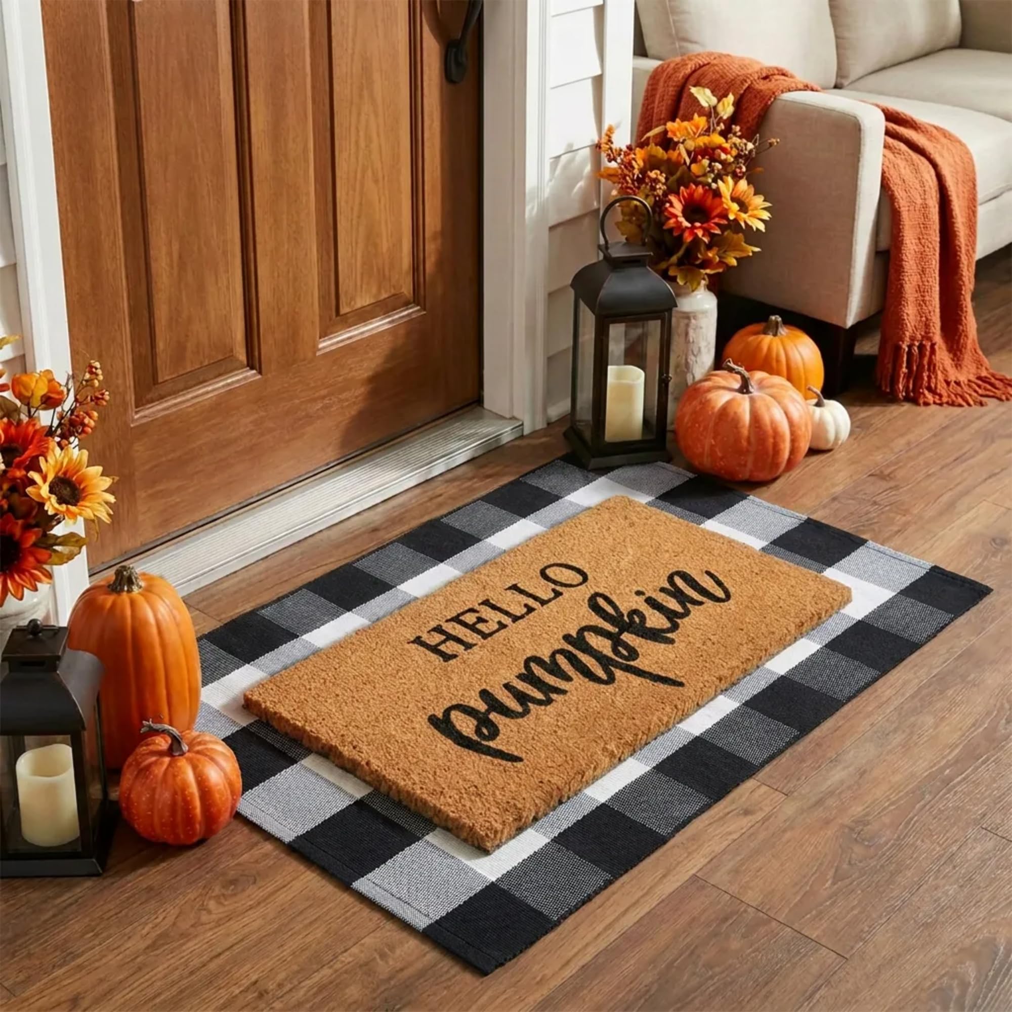 Ensemble de paillassons décoratifs d'automne en 100 % fibre de coco + tapis à carreaux noirs et blancs de 71,1 x 109,9 cm – Paillasson d'entrée pour porche, intérieur et extérieur, tapis d'automne