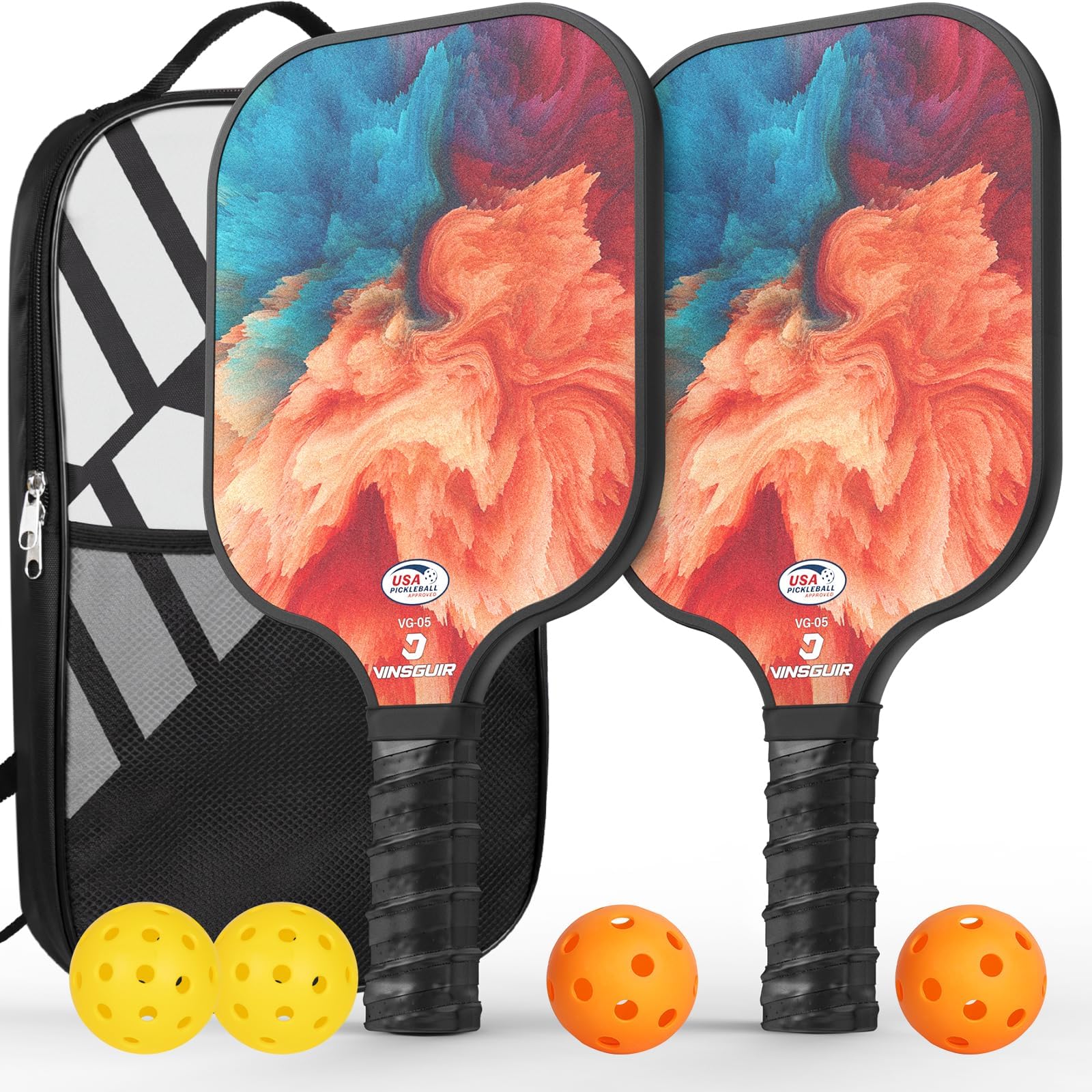 Pickleball Paddle Set of 2, USAPA Approved Lightweight Fiberglass Rackets with Honeycomb Core, 4 Pickleballs & Carrying Bag, Ideal for Beginners & Gift (Aurora Orange)
