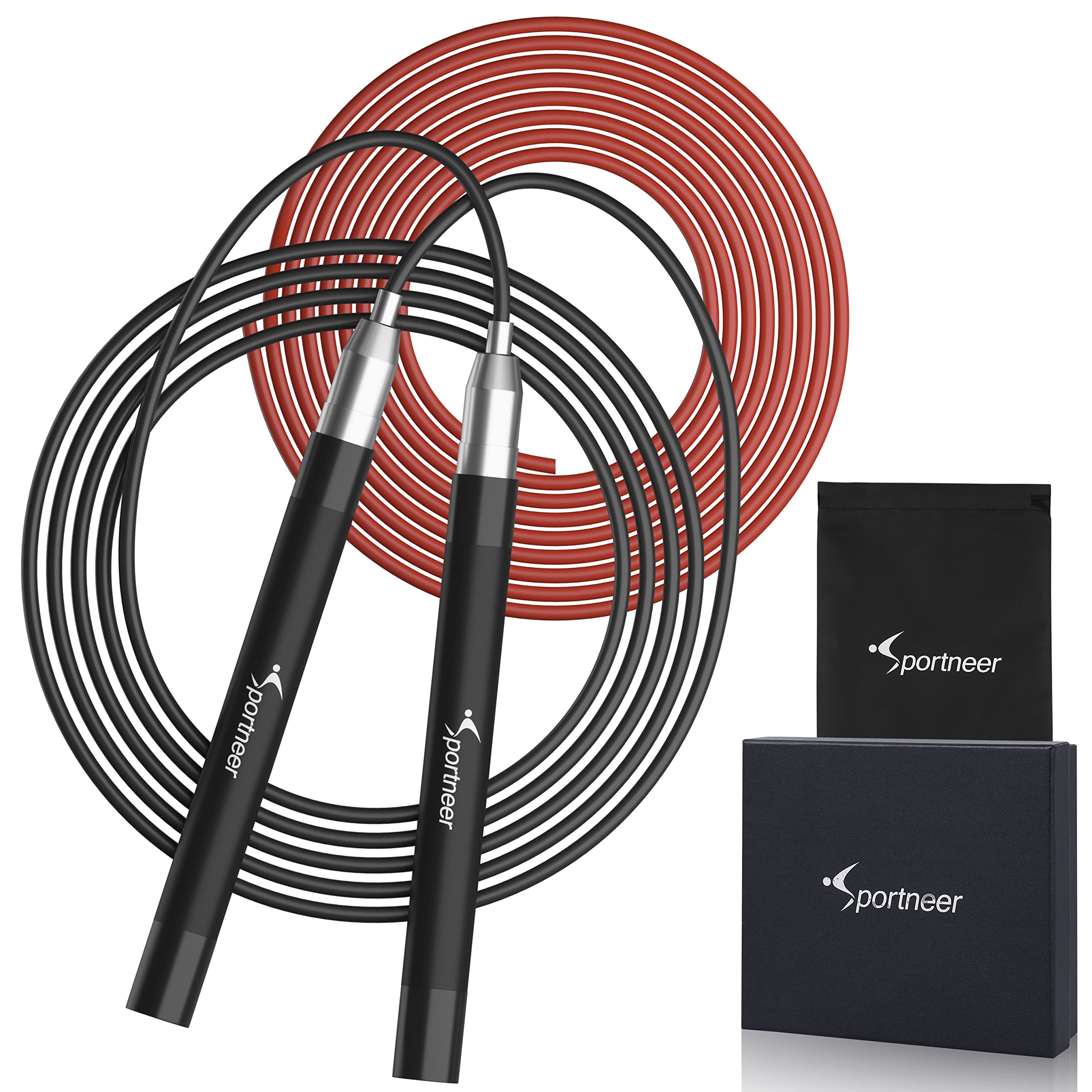 Sportneer High Speed Jump Rope: Adjustable Jumping Rope with Self-Locking - Screw-Free Design - 360 Degree Spin - Silicone Grip with 2 Speed Rope Cables for Workout Fitness, Crossfit & Home Exercises