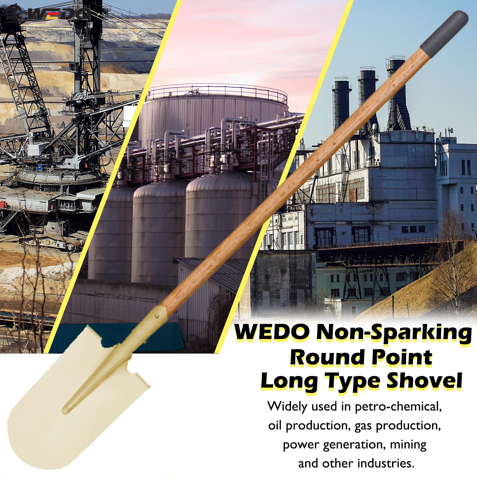 WEDO Pala larga de punta redonda sin chispas, pala de transferencia, mango de madera de 48 pulgadas de largo con funda antideslizante, herramienta de excavación de seguridad, bronce de aluminio