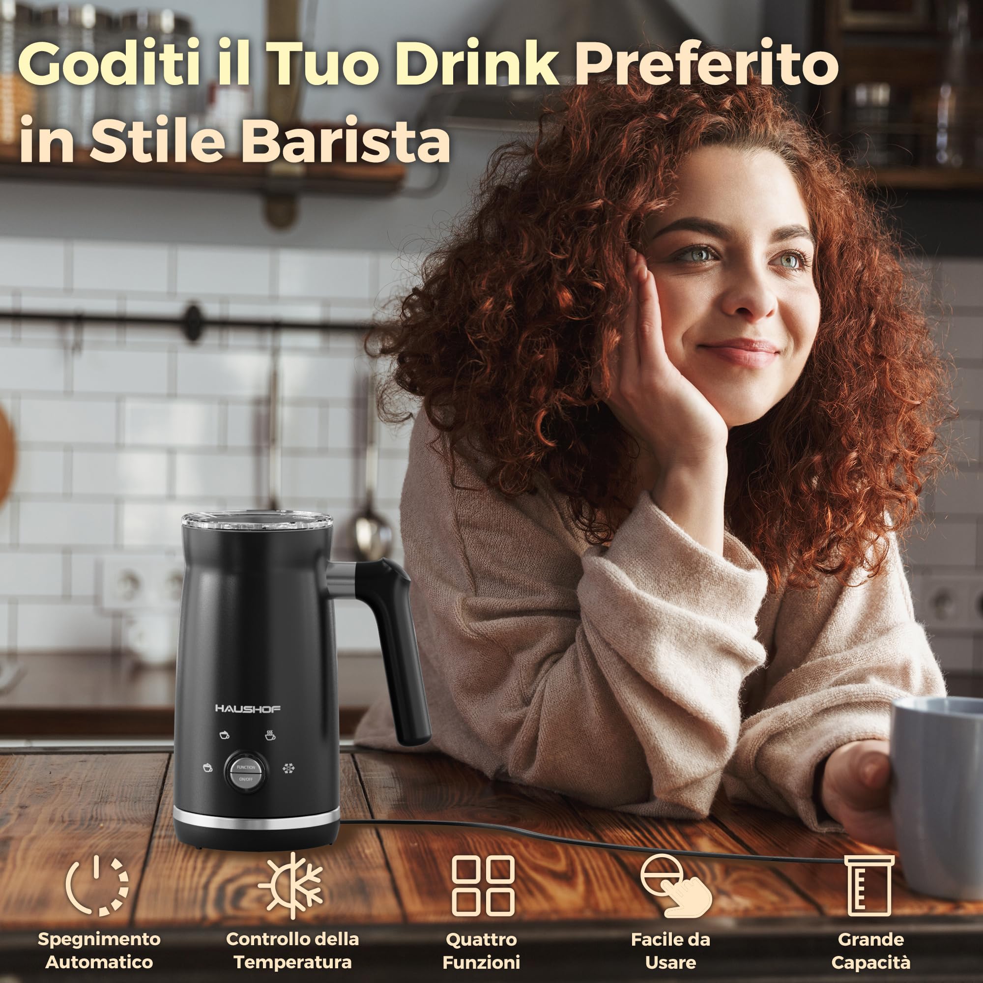 HAUSHOF Montalatte Elettrico 4 in 1 con Doppio Interruttore, Macchina per Cappucino, Scaldalatte, Schiuma Latte, Capacità Massima 300 ml, Nero