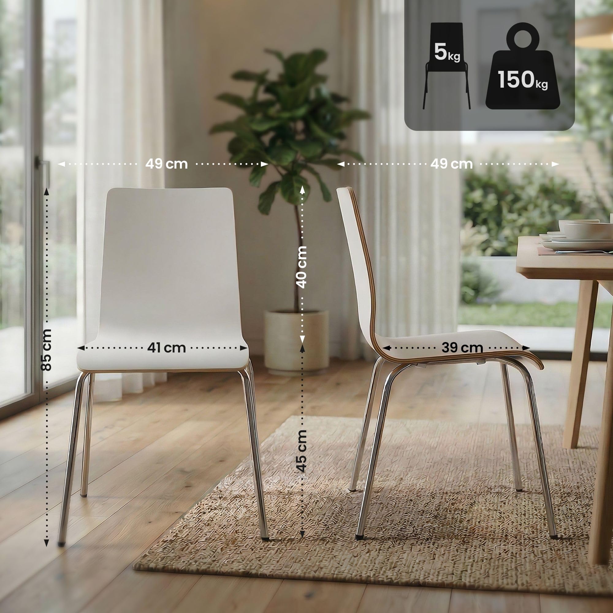 CLP Silla apilable Gahanna de Madera Moldeada con Laminado HPL, Estructura de Acero Cromado, Carga hasta 150 kg, Comedor y Oficina, Color:Blanco