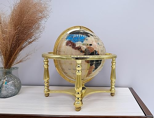 Unique Art - Globo de piedra preciosa de 13 pulgadas de alto y 9 pulgadas de diámetro, color blanco perlado con soporte dorado de 4 patas