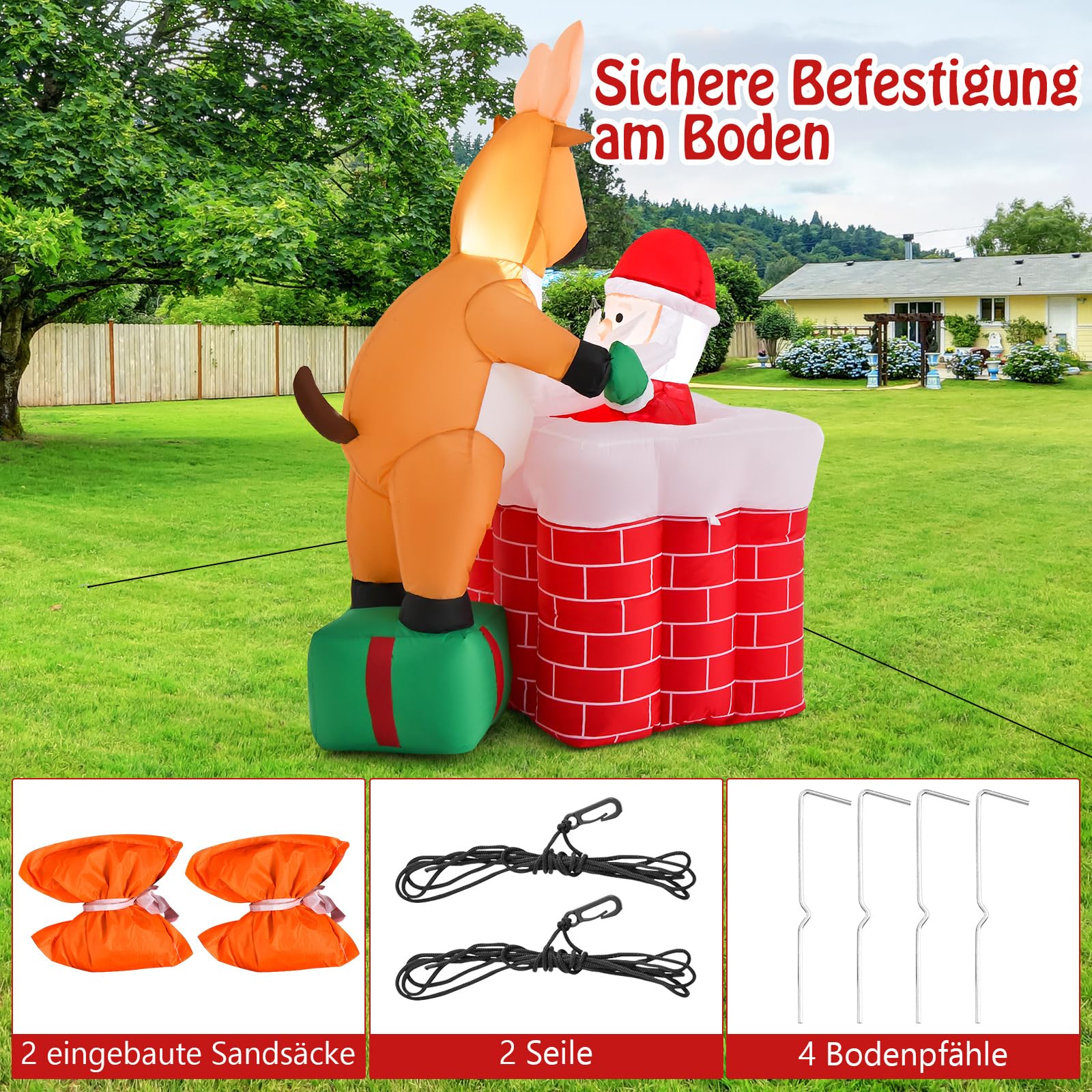 COSTWAY 155cm Aufblasbare Weihnachtsdeko höhenverstellbar, LED Weihnachtsmann und Rentier Weihnachtsdekoration aufblasbar draußen, Weihnachten Deko für Hof, Garten und Rasen