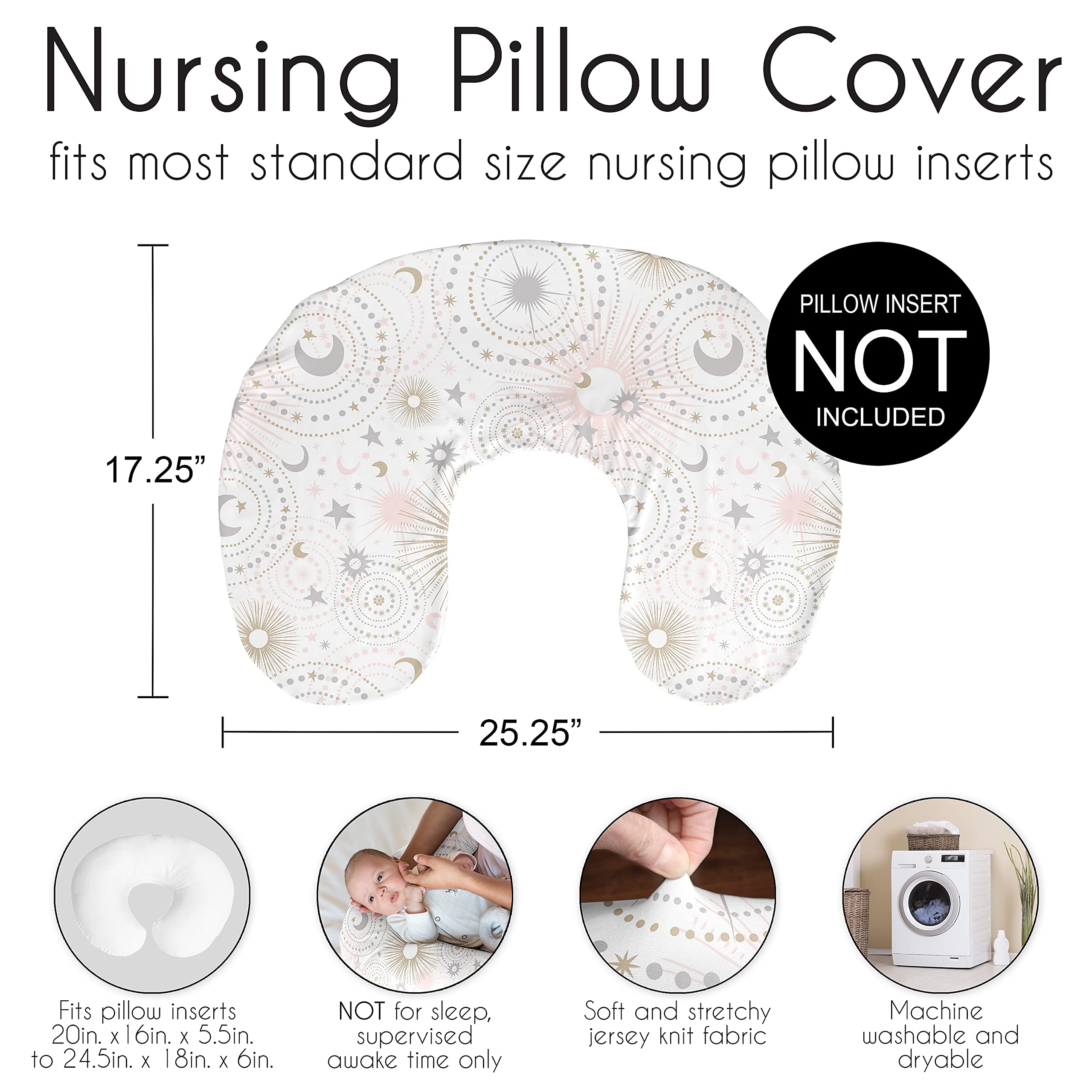 Sweet Jojo Designs Funda de almohada para lactancia materna con estrella y luna para bebé recién nacido o lactancia materna (almohada no incluida) – Rosa dorado y gris celestial estrellas
