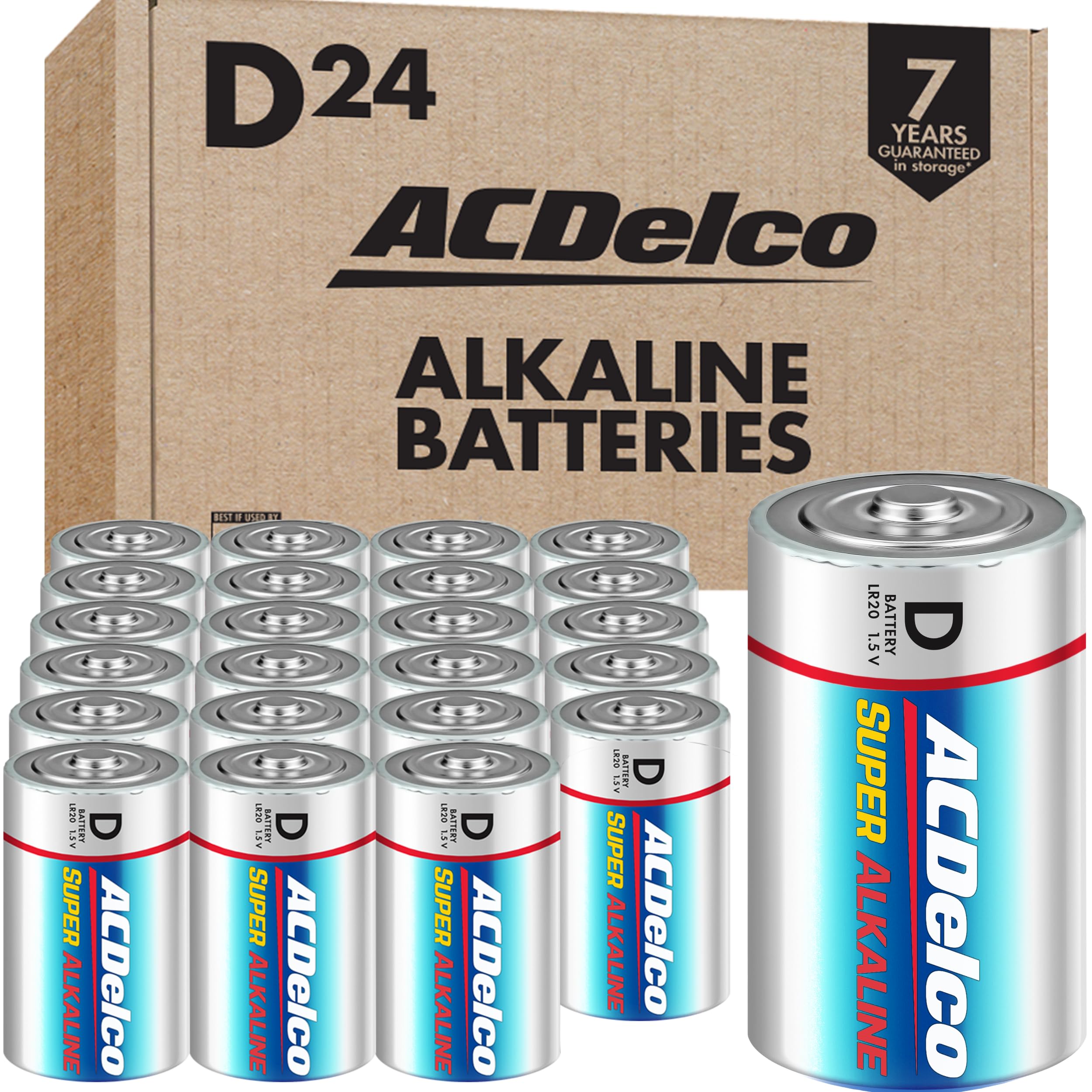 ACDelco 24-Count D Batteries, Maximum Power Super Alkaline Battery for Home and Office, 7-Year Shelf Life, Reclosable Packaging