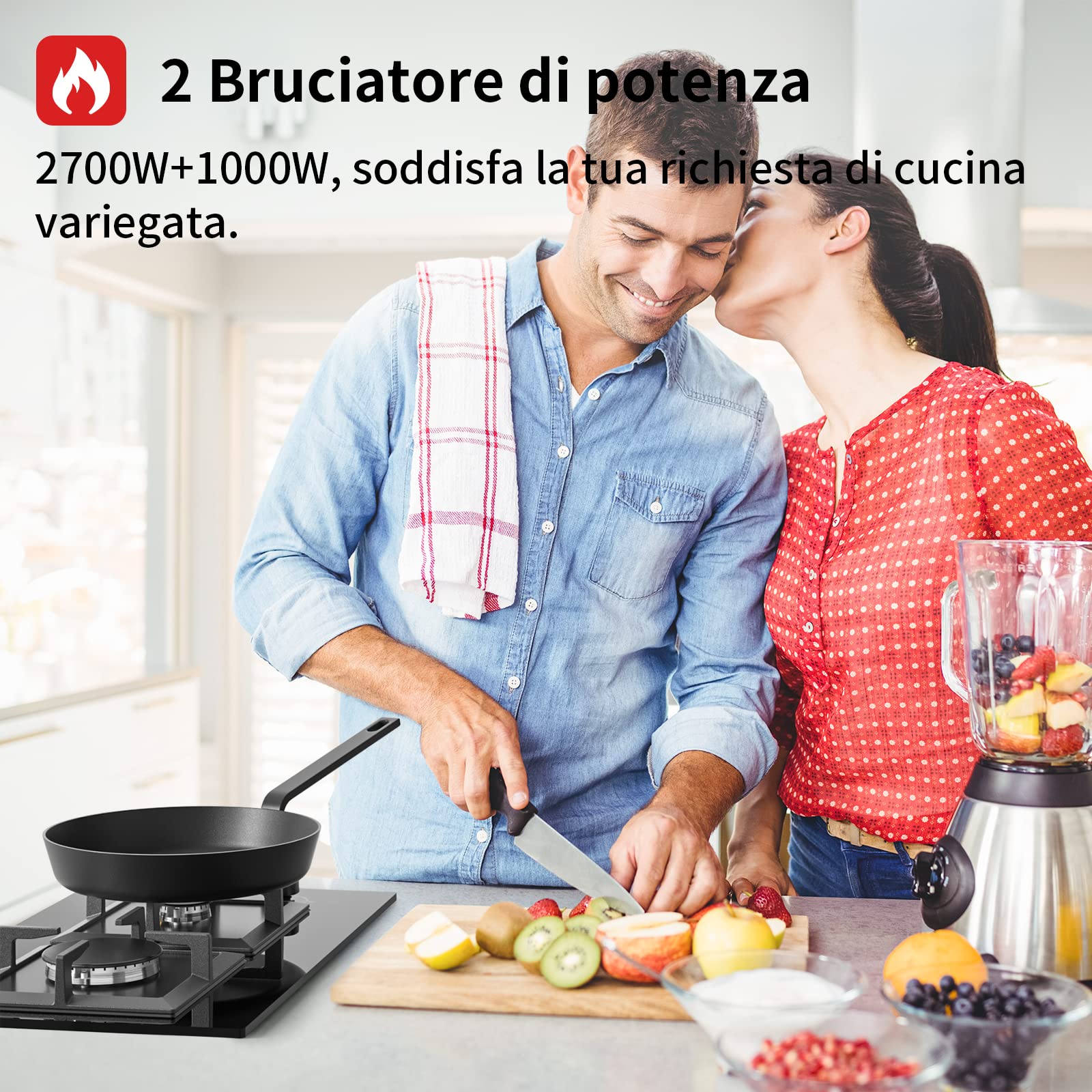 Piano Cottura a Gas, Piano cottura 2 fuochi gas incasso, Adatto per LPG e NG (3700W)