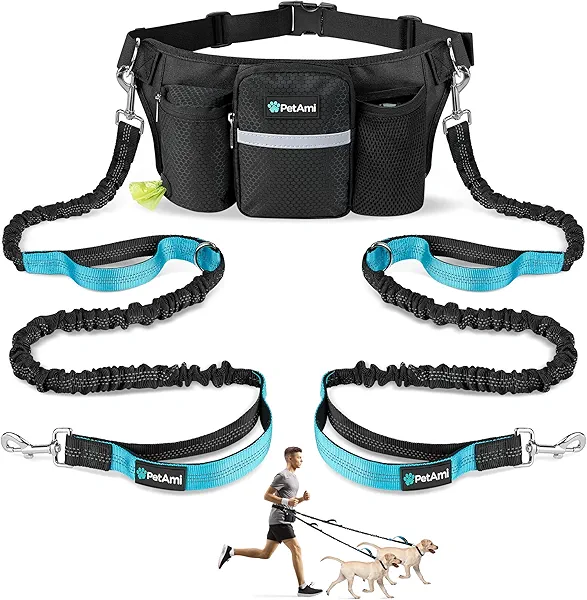 PetAmi Premium Hands Free Dog Leash for 2 Dogs, Adjustable Waist Belt Leash for Dog Walking, Fanny Pack Accessories Bag Dual Bungee Leash for Running, Hiking, Jogging, Biking, Black