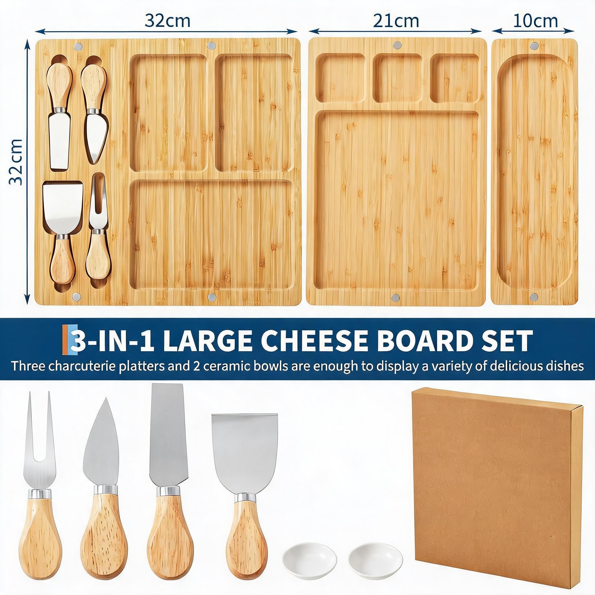 Käsebrett Mit Käsemesser Set, Servierplatte 3-Teilig Aus Bambus, 32 cm