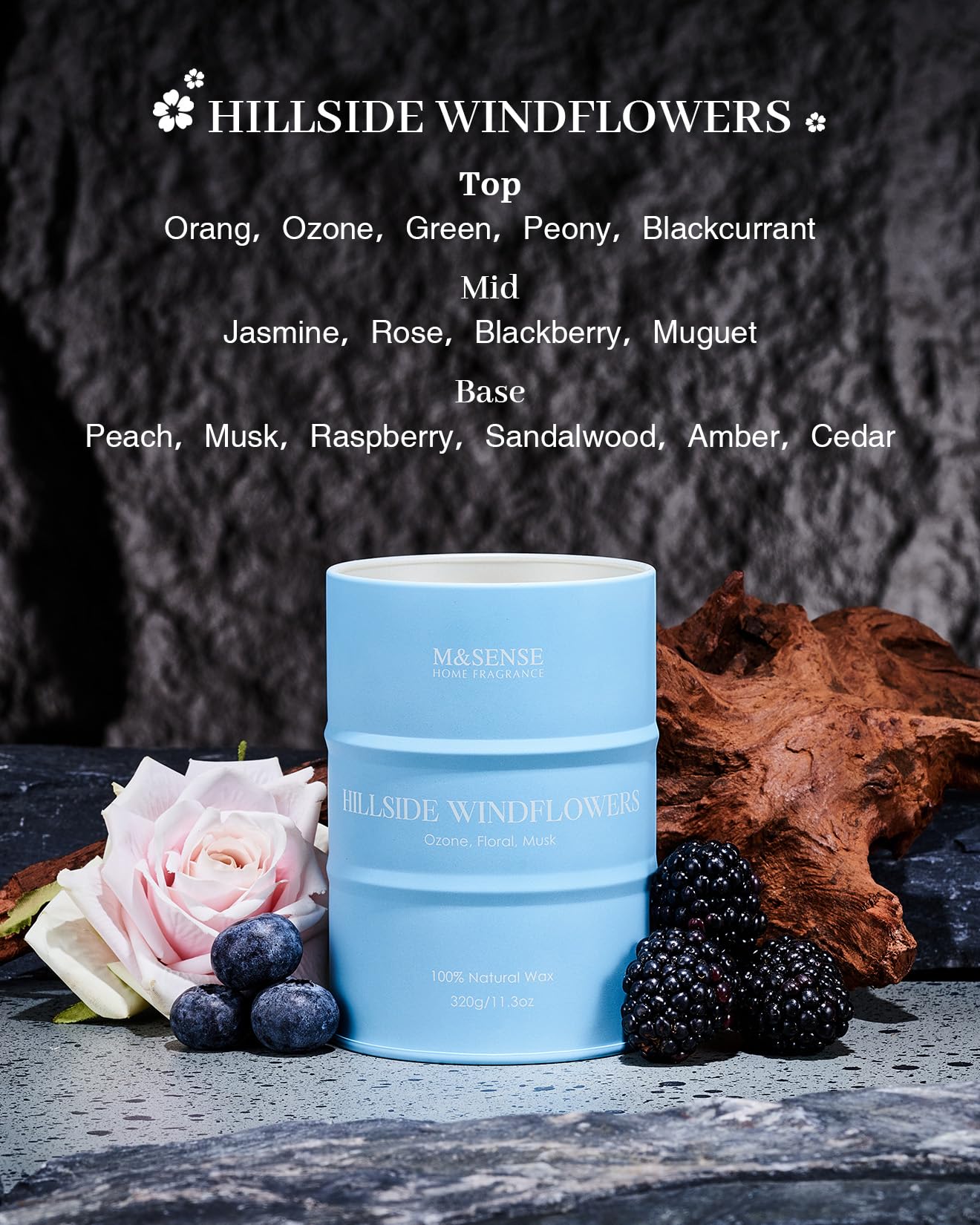 M&SENSE Candele profumate fiori di vento di collina di soia, candele naturali organiche a combustione pulita da 70 ore a lunga durata, candele rilassanti per aromaterapia MSTC0118S HillsideWindflowers