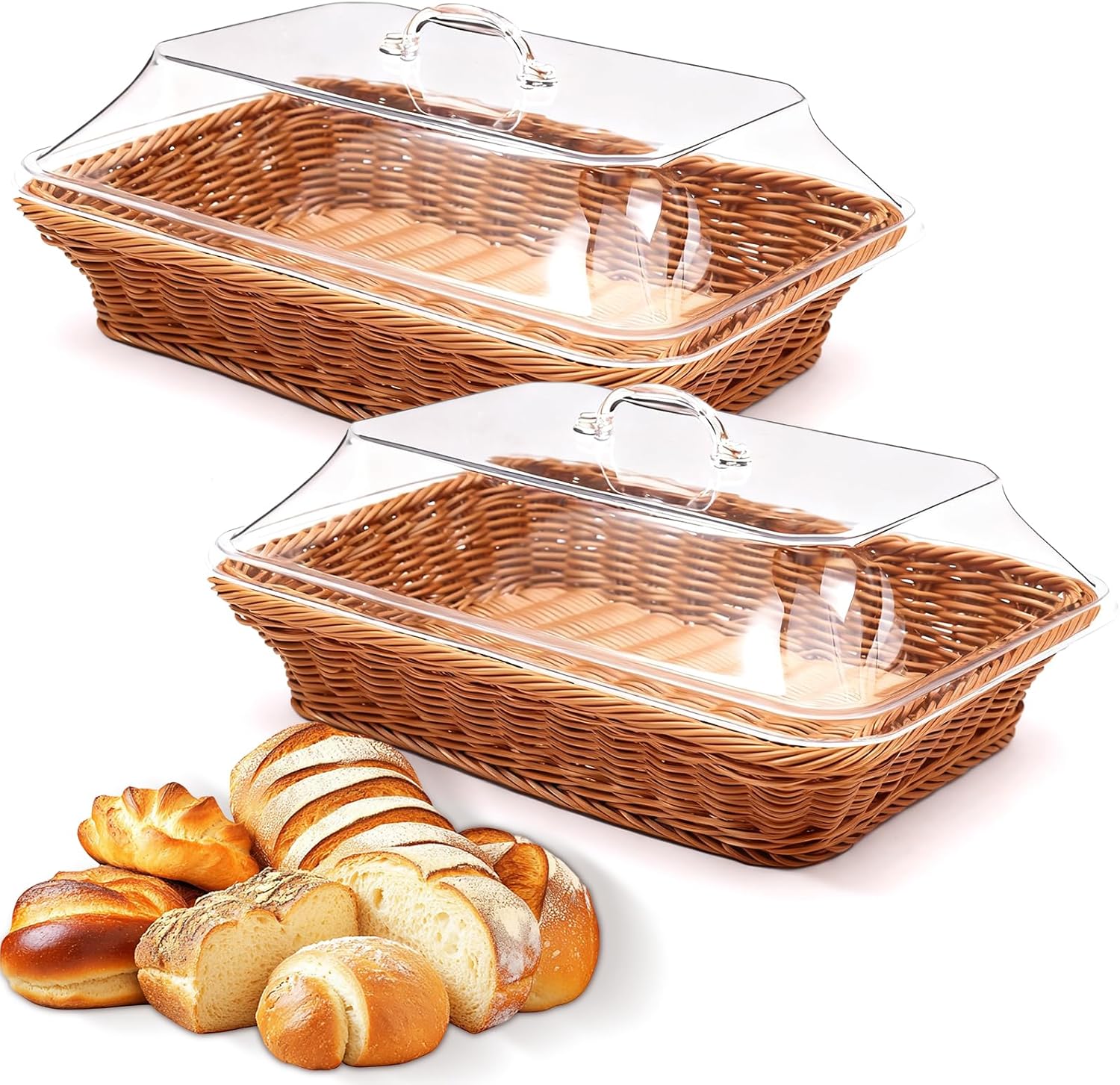 AstraLoom 2 Pcs Imitation Rattan Bread Baskets with Acrylic Lids, 13.8 x 9.8 x 5.9 Inches, Tabletop Serving Basket for Food & Fruit, Kitchen & Dining Room Storage(Brown)