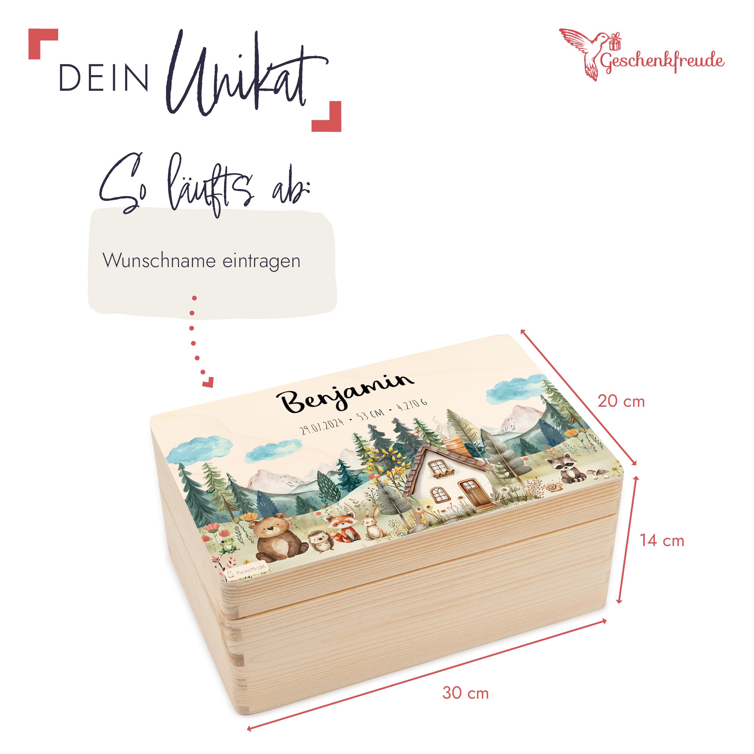 Geschenkfreude Erinnerungsbox Baby Personalisiert - 30x20x14cm - UV-Druck - tolle Baby Aufbewahrungsbox - Erinnerungskiste aus Holz - Baby Weihnachten - Nikolaus Geschenke - Geschenke zur Geburt