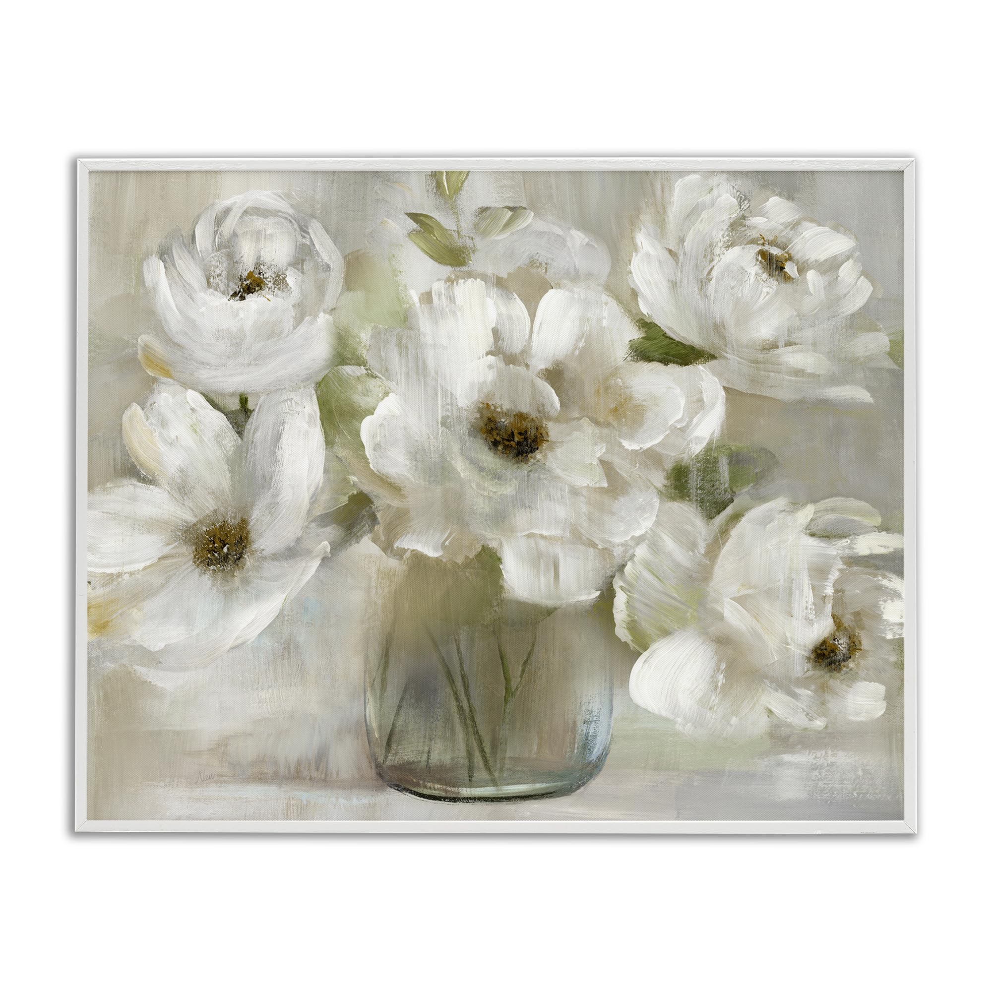 Stupell Industries Coastal White (Textured) Gentle White Petals Vase Floral, 24 X 30 Inch Framed Giclée Print