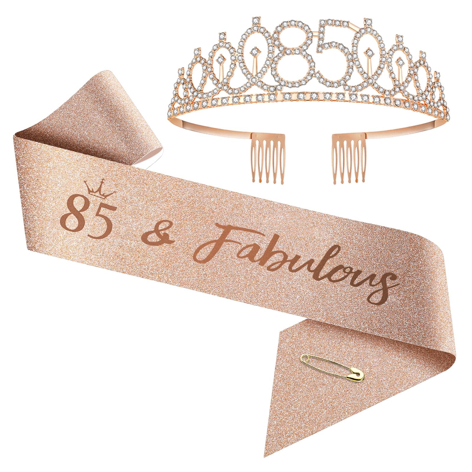 Upgrade Birthday Crown and Sash for Women Birthdays from 1 year old to 100 years old- Rose Gold Rhinestone Tiara Set and Sash for Decorations (85 years old)
