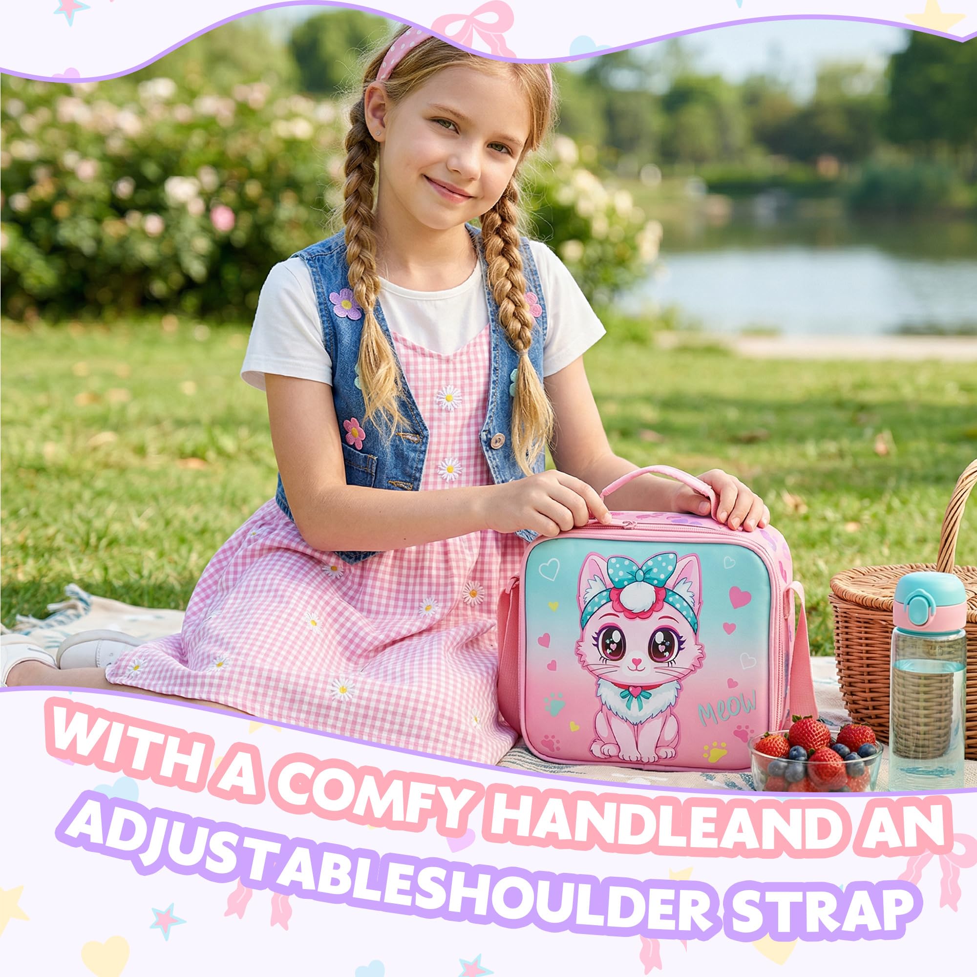 HTgroce Schulrucksack Trolley Mädchen (Süße Katze) – Schulranzen mit Rollen & Kinderkoffer – Schultasche für Grundschule (1. & 2. Klasse) & Reisen