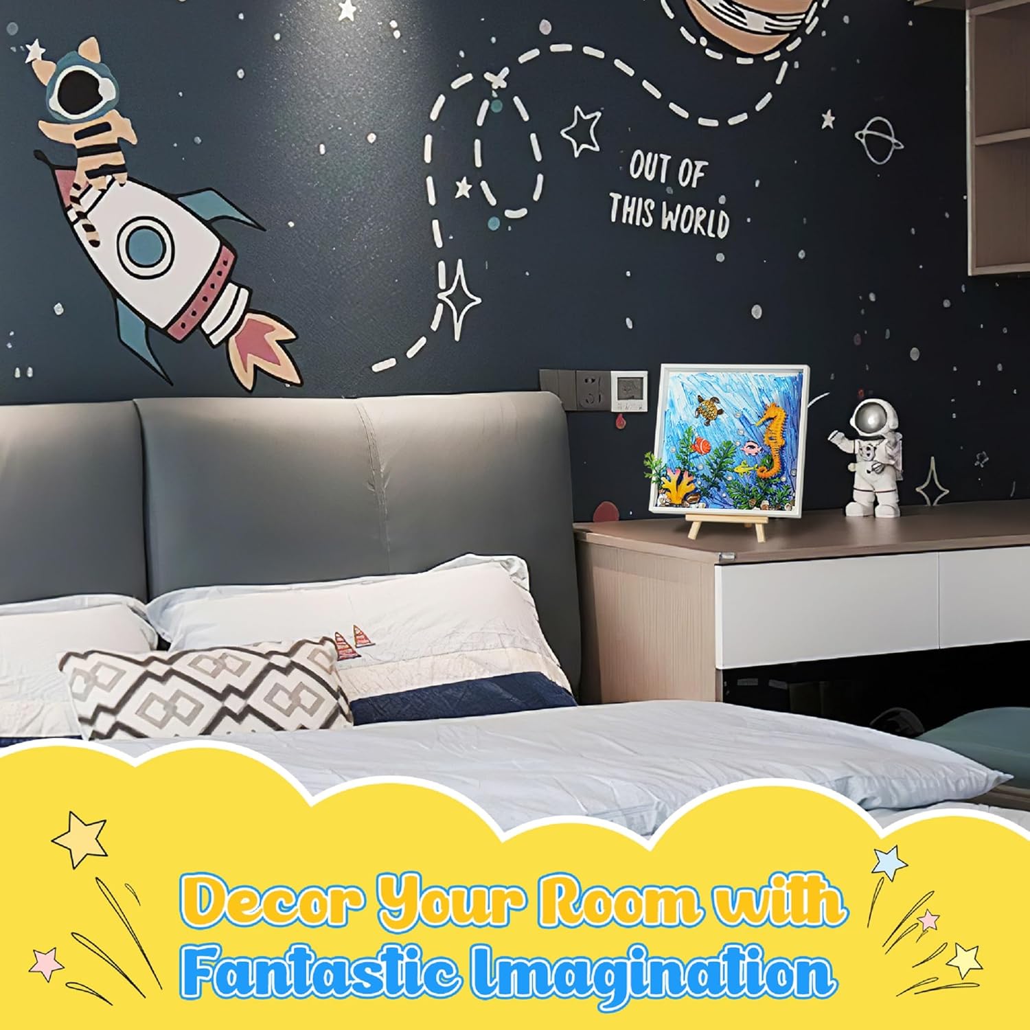DIY Ocean Painting Kit, DIY Mosaic Arts and Craft Kits with Sea Animal Plant Accessories, Handmade Sticker Painting Kit for Kids Christmas Room Decor, Blue & White