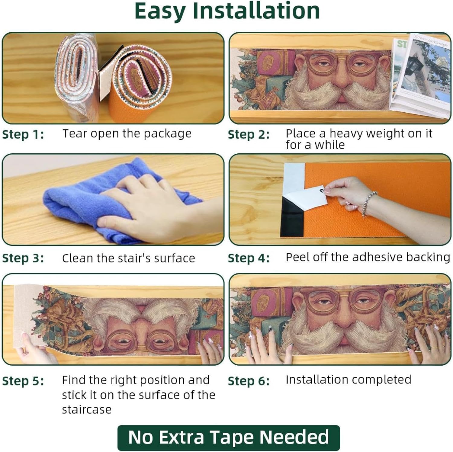 15 Pack Stair Treads for Wooden Steps, Indoor Non-Slip Staircase Step Treads Carpet Mat, Happy Christmas (2) Stair Mats for Pets Dogs Elders 8x30In