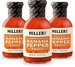 Miller's Banana Pepper Sauce - Red Banana Pepper Hot Sauce, Sweet Spicy Banana Pepper Sauce - Best Use for Chicken Wing, Burgers, Sandwich, Non-GMO Project Verified, 9.5 Ounce (Pack of 3)