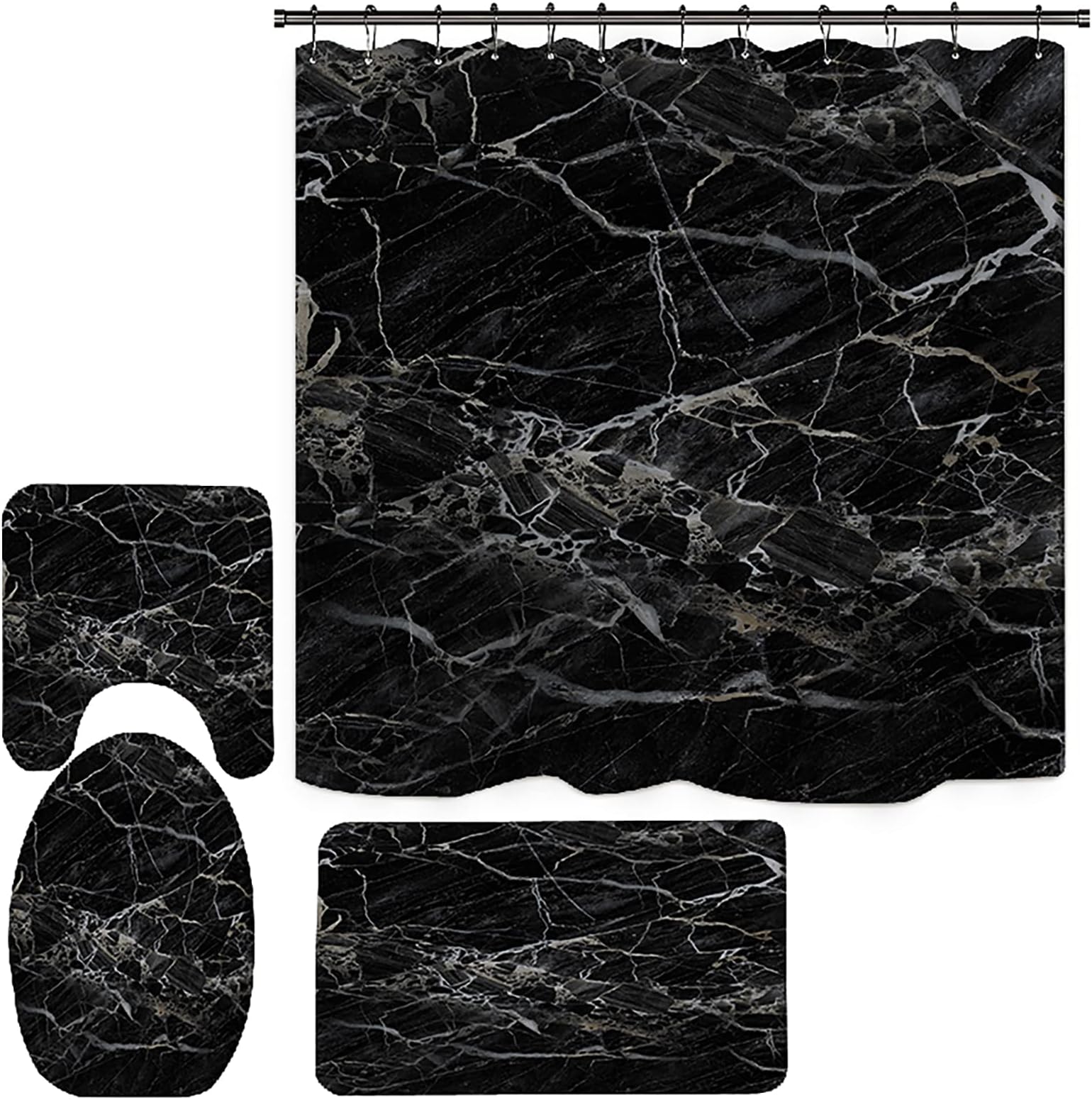 NEWSUYAA Black Marble Shower Curtain with Bath Rugs Sets, 4 Pcs Gray Marble Patterns Bathroom Décor with Toilet Seat Cover,Soft Mats, Absorbent Pedestal Pads and Shower Curtains + Hooks