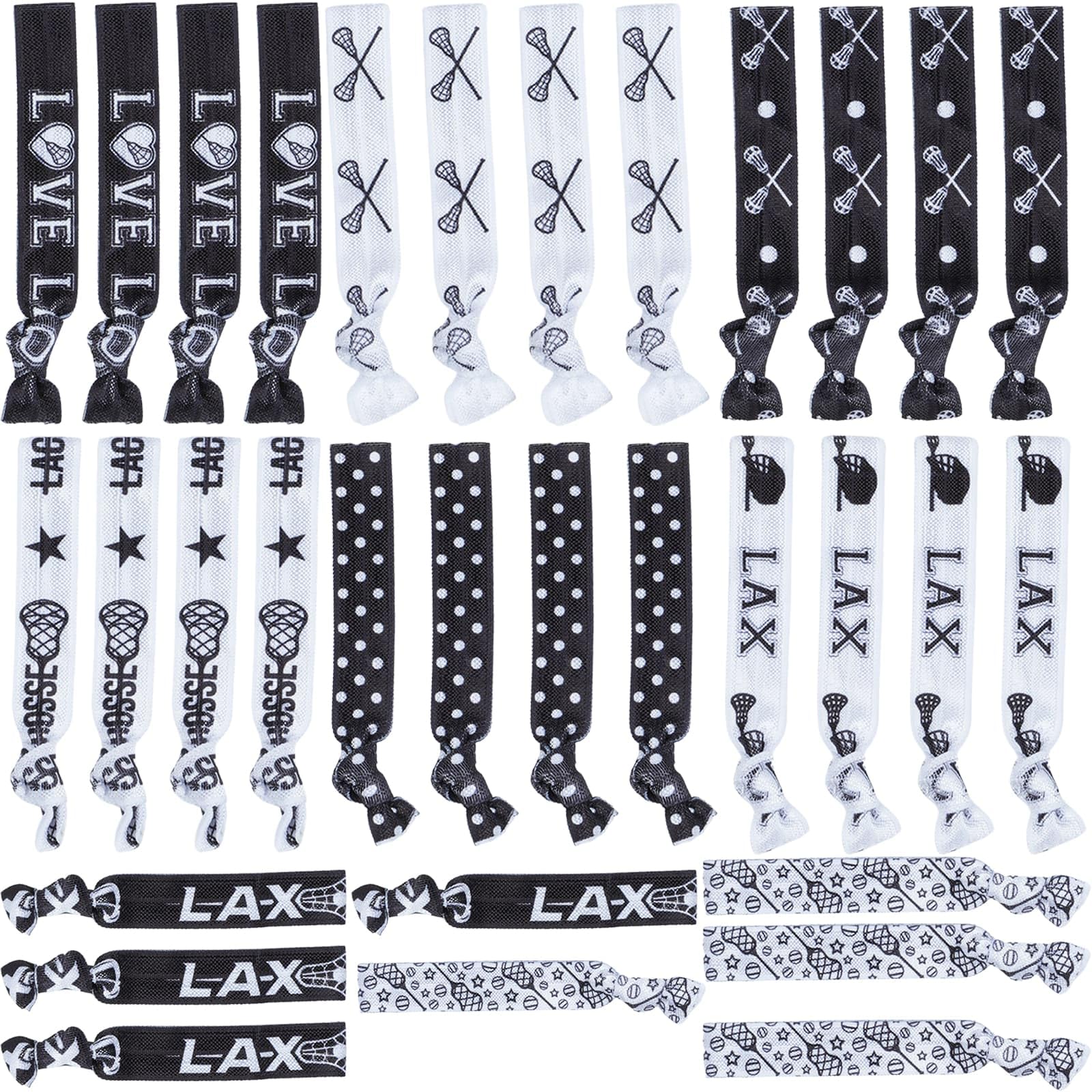 YKW 32 Pack Lacrosse Headbands Hair Ties No Crease Elastic Sports Hair Accessories for Women Girls Players - Team Gifts Athletic Party Favors Black White Lacrosse Ribbon Ponytail Holders-image-37