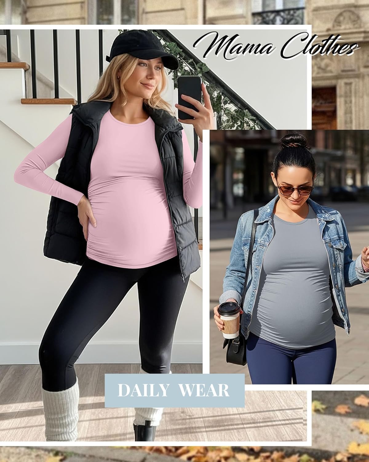 Huukeay 4 Pack Women's Maternity T Shirts, Long Sleeve Side Ruched Pregnancy Top Crew Neck Bodycon Shirts Casual Mama Clothes - Image 4