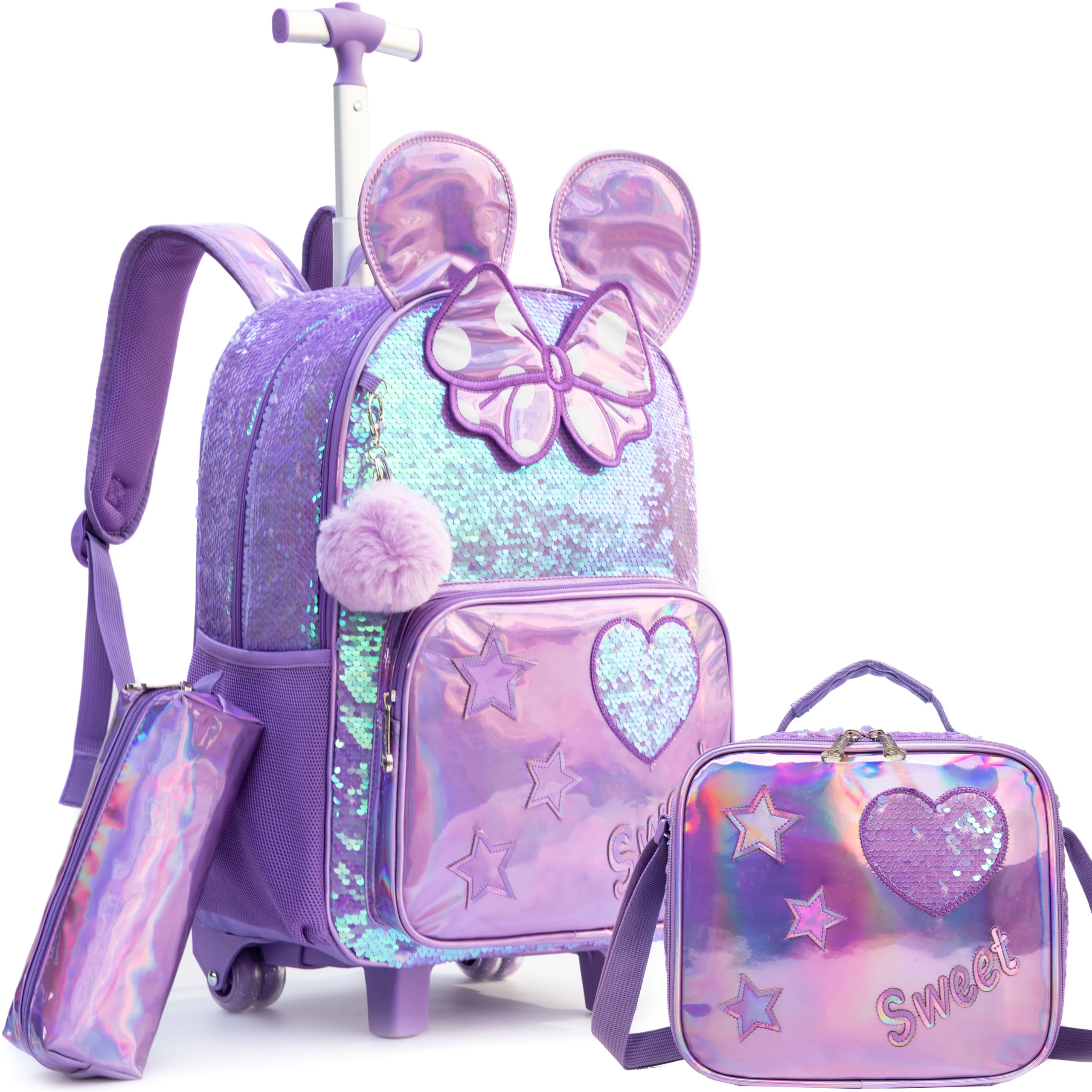 Meetbelify Rolling Backpack for Girls Backpacks with Wheels for Elementary School Students Kids 3 in 1 Travel Luggage Suitcase with Lunch Box Pencil Case for Girls Age 8-10 Cute