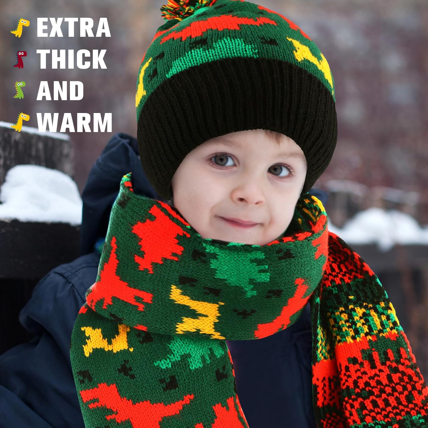 Kids Winter Hat Gloves Scarf Set Dinosaur Children Hat Beanie with Pom Winter Knit Neck Mittens for Boys Toddlers - Image 7