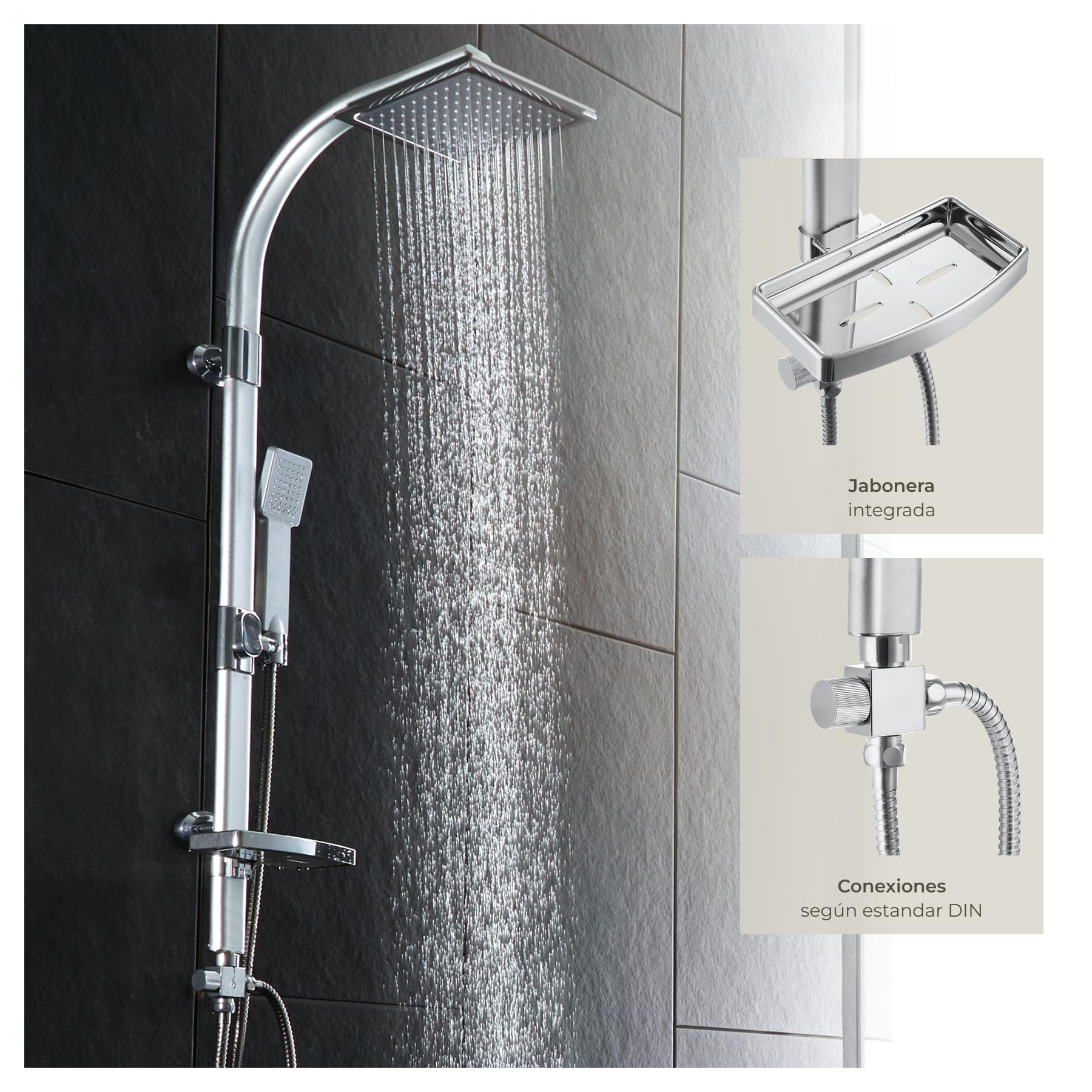 tectake® Conjunto de Ducha con Rociador de Hidromasaje de Aluminio con Grifo Ducha, Duchas de Baño con Alcachofa con Junta Esférica, Bandeja y Barra Regulable, Columna Hidromasaje - Gris