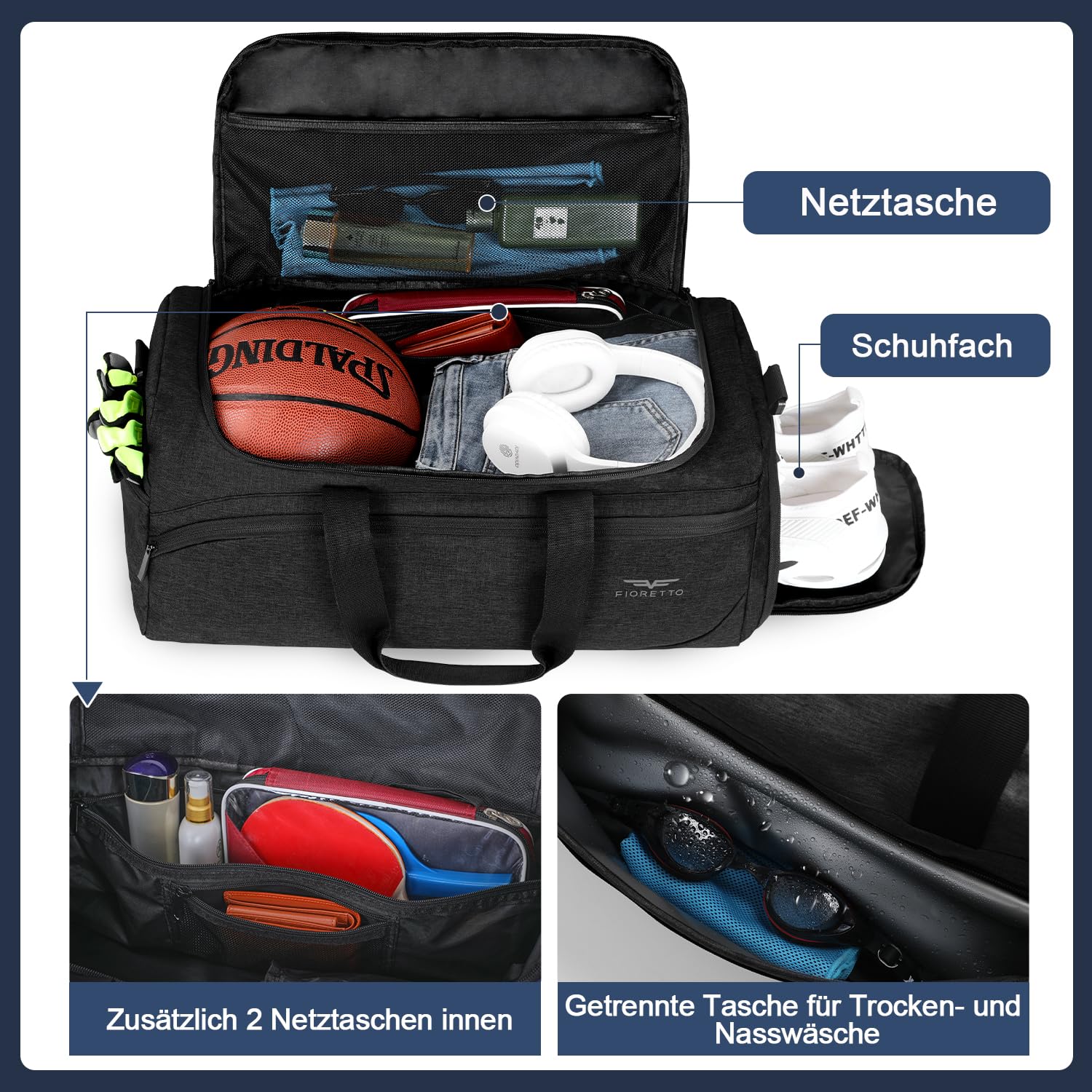 FIORETTO 35L Sporttasche & Reisetasche für Damen und Herren, mit Schuhfach & Nassfach, Wasserdicht Tasche für Trainingstasche, Gym, Travel, Schwimmen, Sauna, fußball Schwarz
