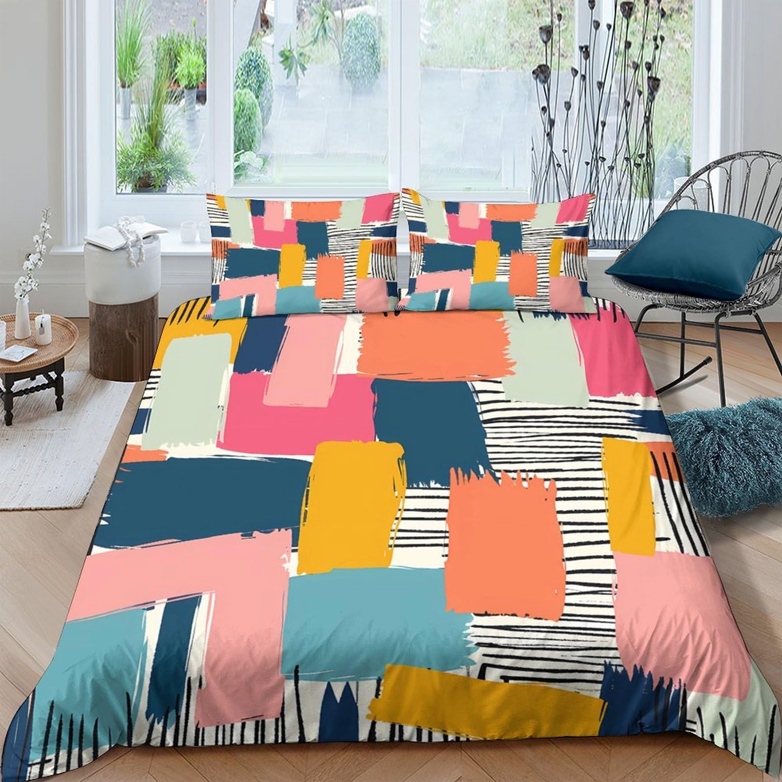 Ctjqhvkz Style-2 3D Printed Abstract Color Block Fitted Sheet Microfiber Soft Geometric Patchwork Mattress Cover For Bedroom Guest Room Single（135X200cm）