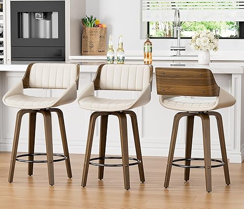 Miniatura 18 de Juego de 2 taburetes de bar giratorios de 26 pulgadas de altura de mostrador con respaldo y patas de madera curvada, modernos taburetes tapizados de