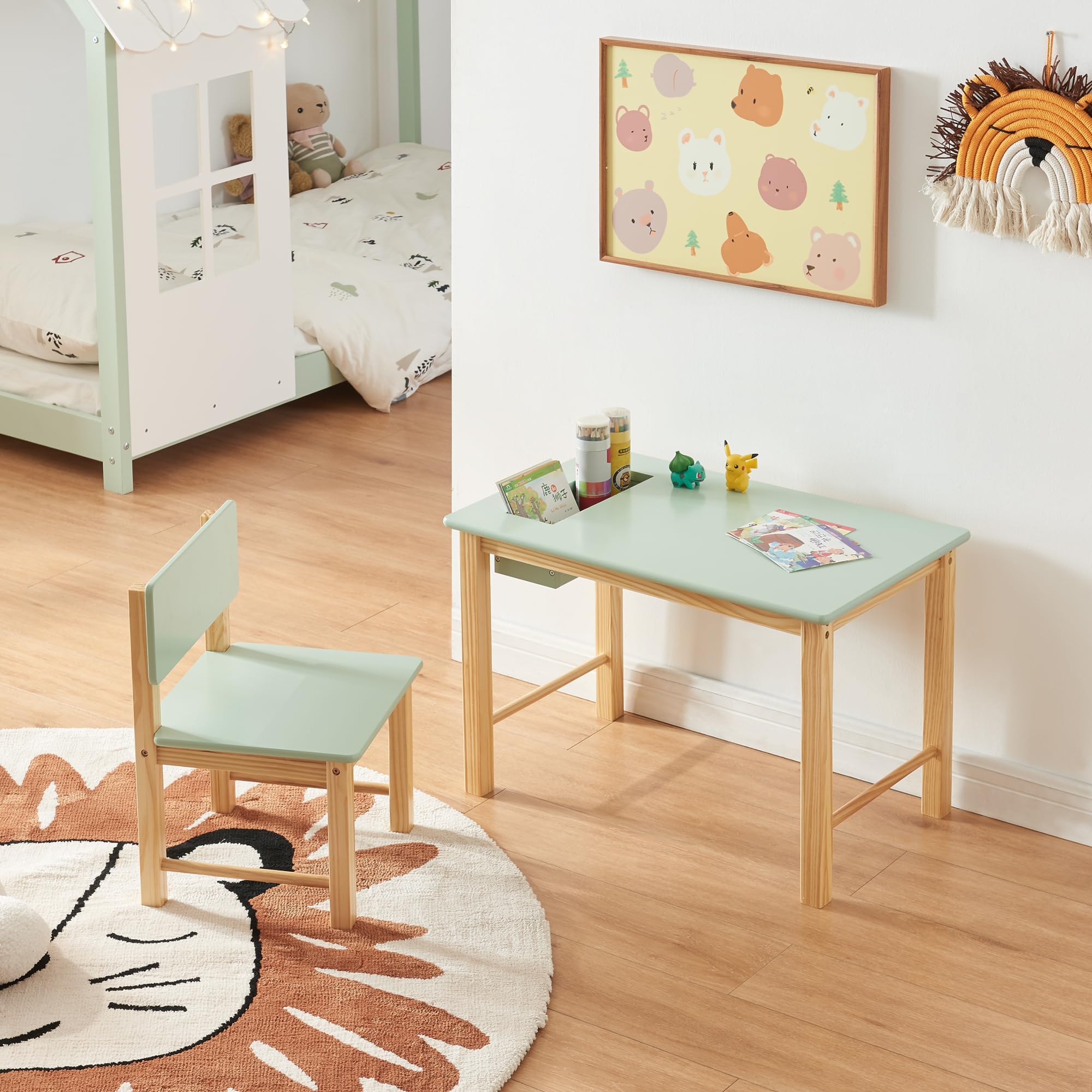 [en.casa] Set Mobili per Cameretta Tavolo e Sedia per Bambini Scrivania con Contenitore Integrato Arredo a Misura di Bimbi per Gioco Disegno Studio - Legno Naturale/Menta Verde
