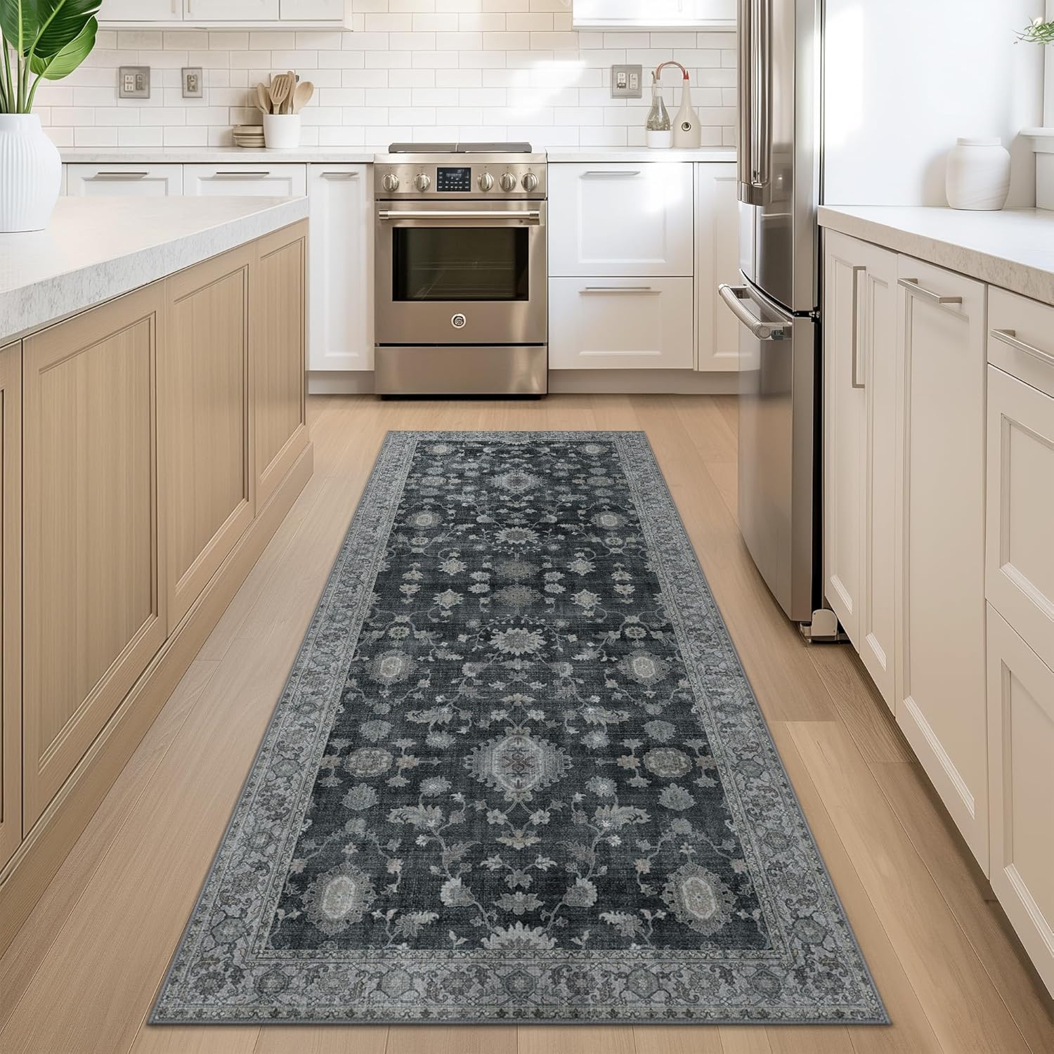 GENIMO Runner Rug for Hallways Machine Washable, 2x6 Non Slip Boho Vintage Lightweight Washable Runners, Thin Floor Rugs for Entryway Hallway Bathroom Laundry Room Corridor, Charcoal