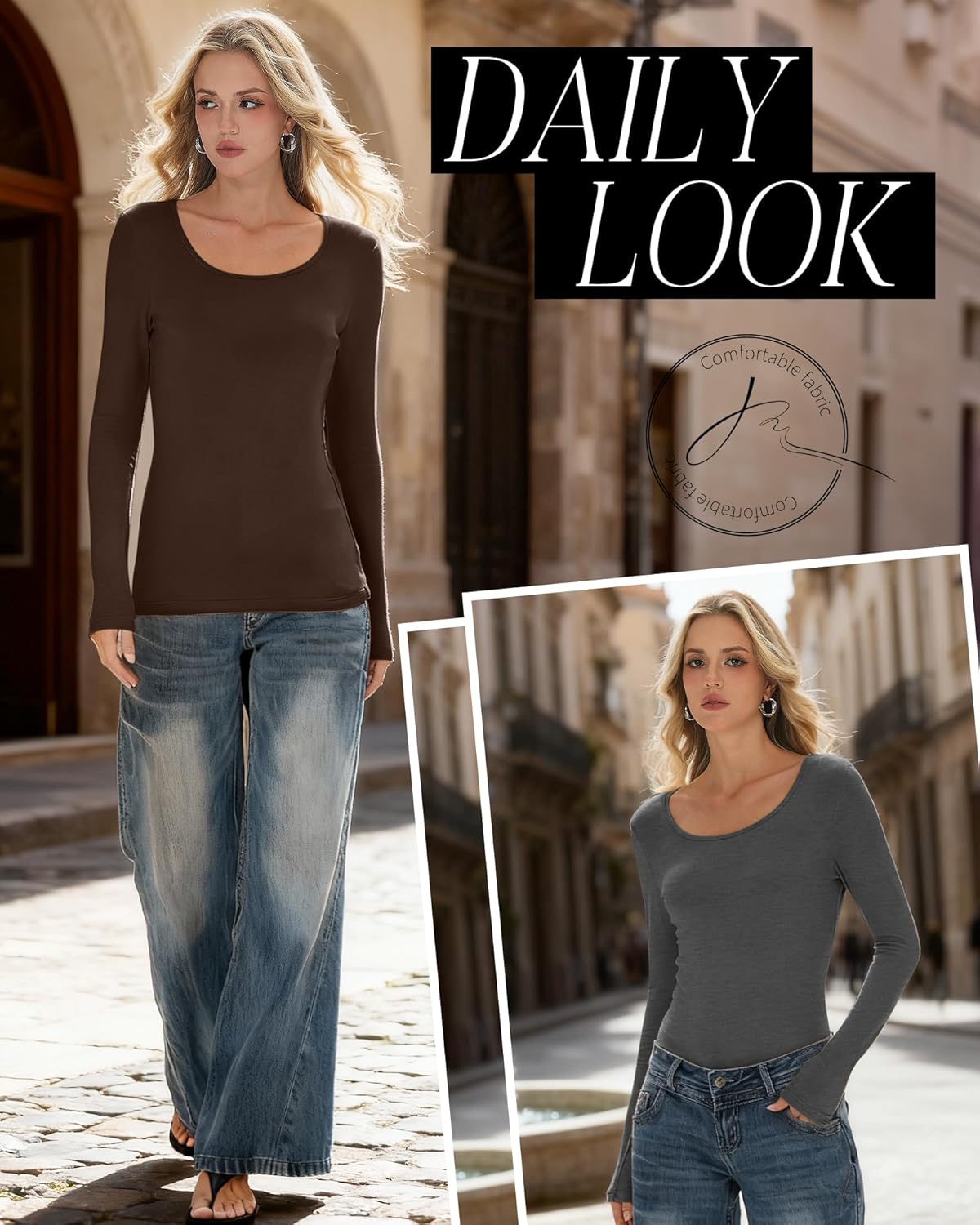 6 Pack Women's Scoop Neck Long Sleeve Shirts Cotton Blend Slim Fit Tops Basic Stretchy Base Layer Tee - Image 7