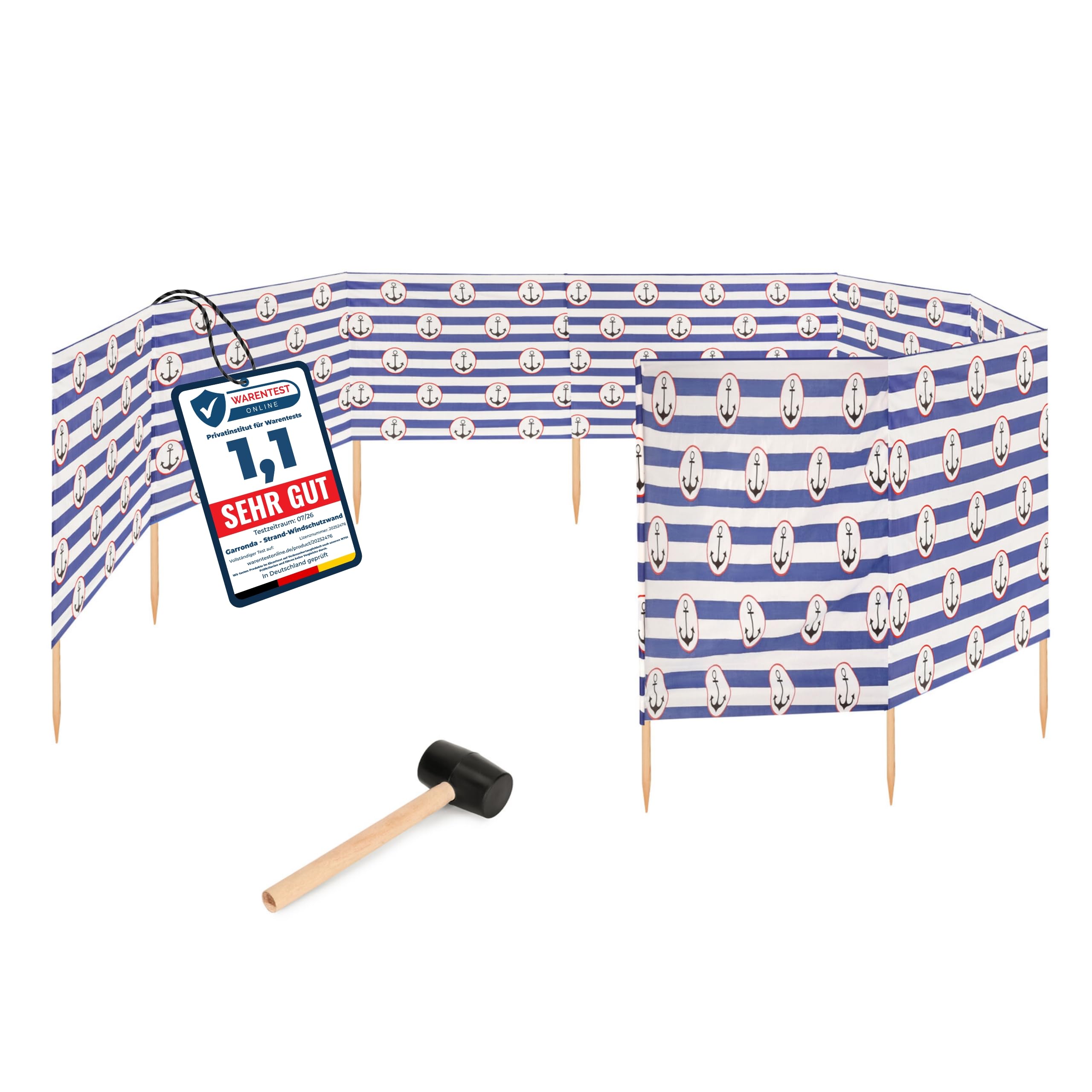 Garronda 12 m lang Windschutz Strand Sichtschutz mit Gummihammer GAEX001 | Windfang für Camping und Strandtage, praktisches Strandzubehör mit Holzstäben, als Sichtblende und Windbarriere im Sand