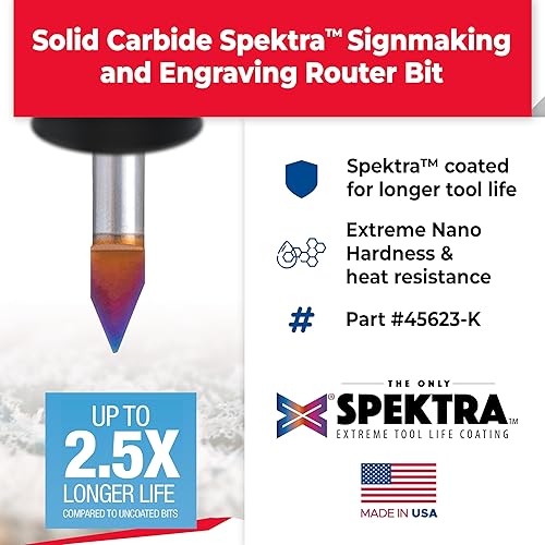 Miniatura 8 de Amana Tool 45773-K Spektra Extreme Tool Life Coated 30 Grados Grabado 0.020 Punta Ancho x 14 SHK x 2-14 Pulgadas Largo Señalización Router Bit