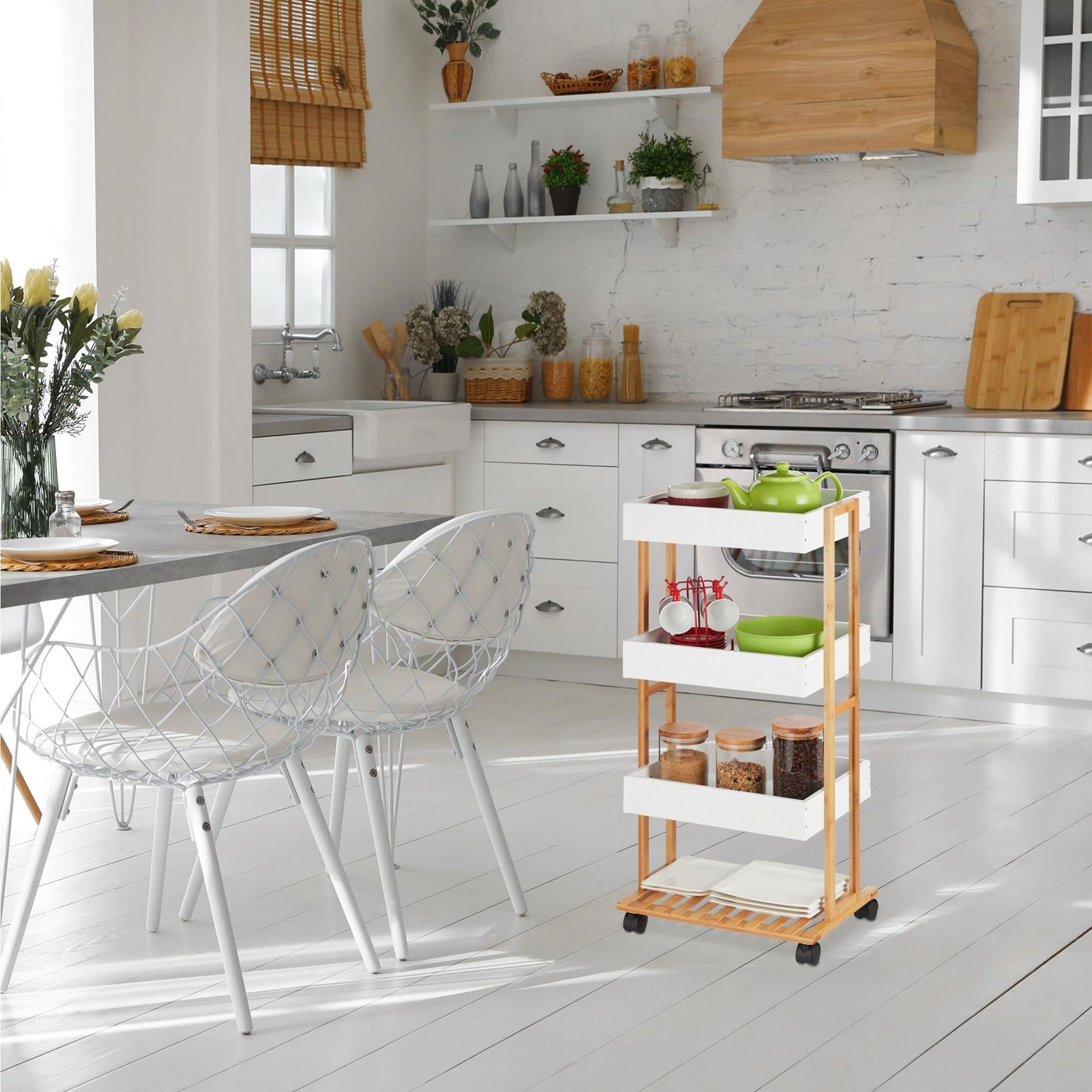 Well Home Carrello portaoggetti in bambù con 1 ripiano e 3 vassoi di colore bianco 40x30x87,5cm