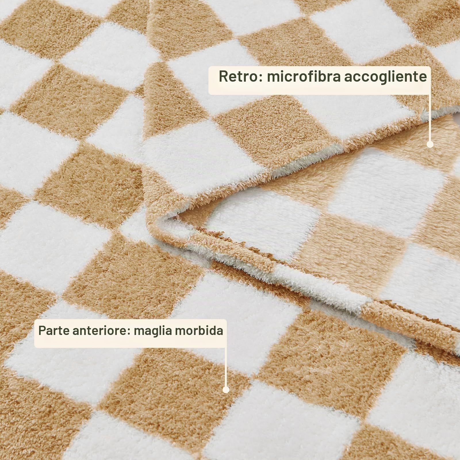 EMME Coperta in pile sherpa, soffice coperta in flanella, 200 x 230 cm, a quadri, morbida, calda e confortevole, per letto, divano, poltrone, picnic, beige