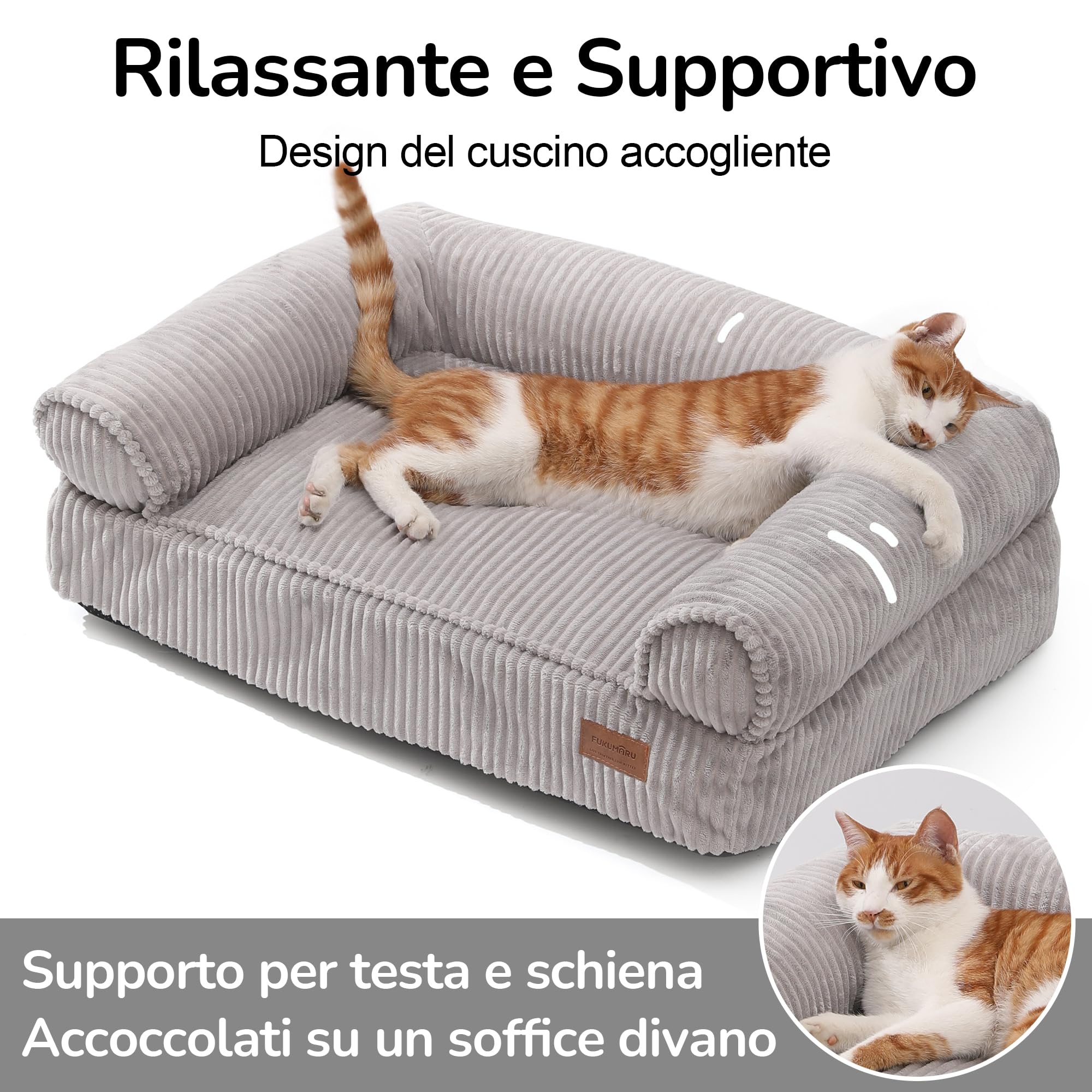 FUKUMARU Cuccia Gatto Interno,Tessuto Sfoderabile e Lavabile in Velluto a Coste, Letto per Gatti Ergonomico con Sostegno Integrato, Divano per Cani di Media Taglia, Base Antiscivolo, 72x52x22 cm