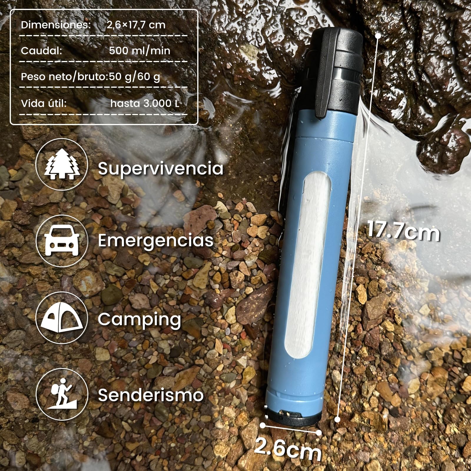 Filtro de Agua Portátil de 0.01µm con Ventana Visible, Purificador para Acampar y Senderismo, Filtro Personal Ligero de 50g para Mochila, Supervivencia y Viajes (Azul 4)