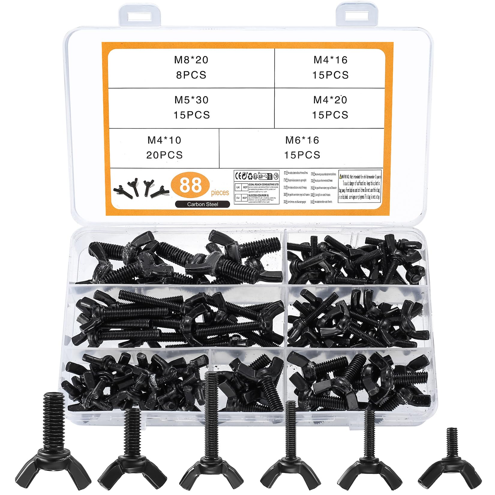 88 Pieces Wing Screws DIN 316, M4 M5 M6 M8 - Wing Screws Carbon Steel, Butterfly Screws, Hand Wing Screws, Wing Bolts, Wing Thread for Wing Nuts (88 Black) - 88 Black