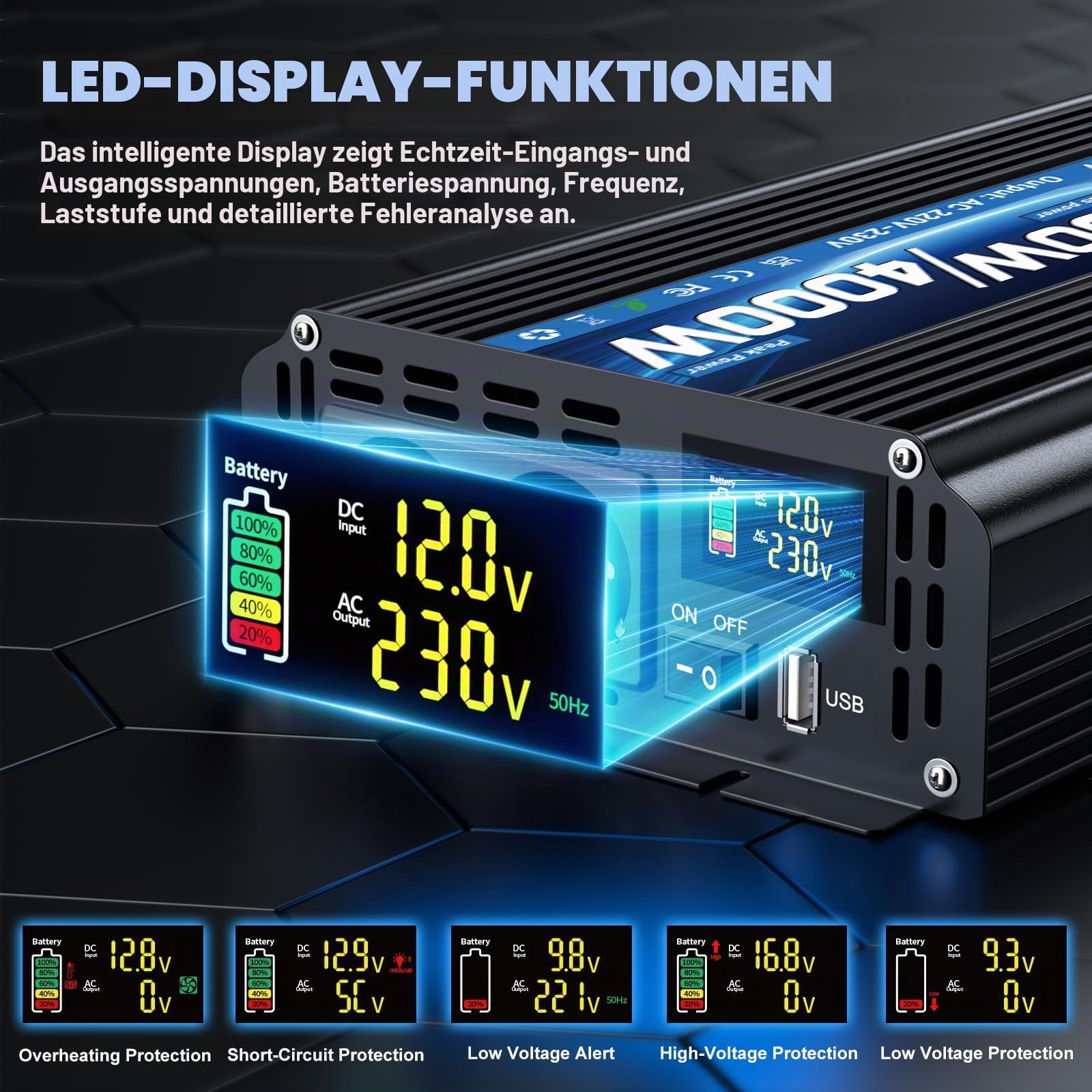 Wechselrichter 12V 230V 2000W/4000W Spannungswandler Modifizierte Sinus Sine Wave Inverter mit 2 AC Steckdose und USB und Type-C Port für Auto Wohnmobil Fahrzeuge