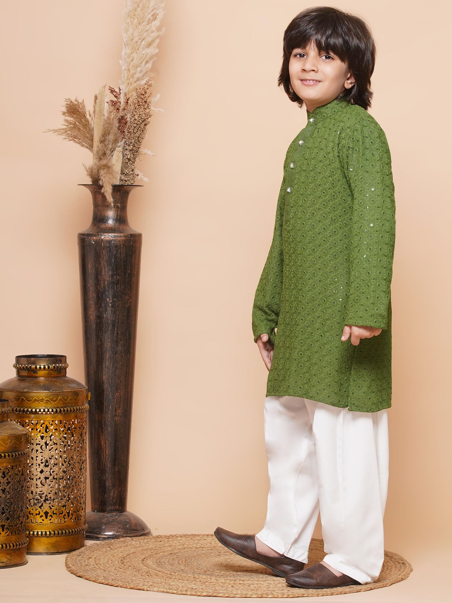 AJ DEZINES Boys Ethnic Kurta Pajama Set | Cotton Full Sleeve Chikankari Kurta with Sequins | Traditional & Festive Outfit | Mandarin Collar, Regular Fit | Special Occasion Outfit for Kids | GREEN-10 - Image 7 thumbnail